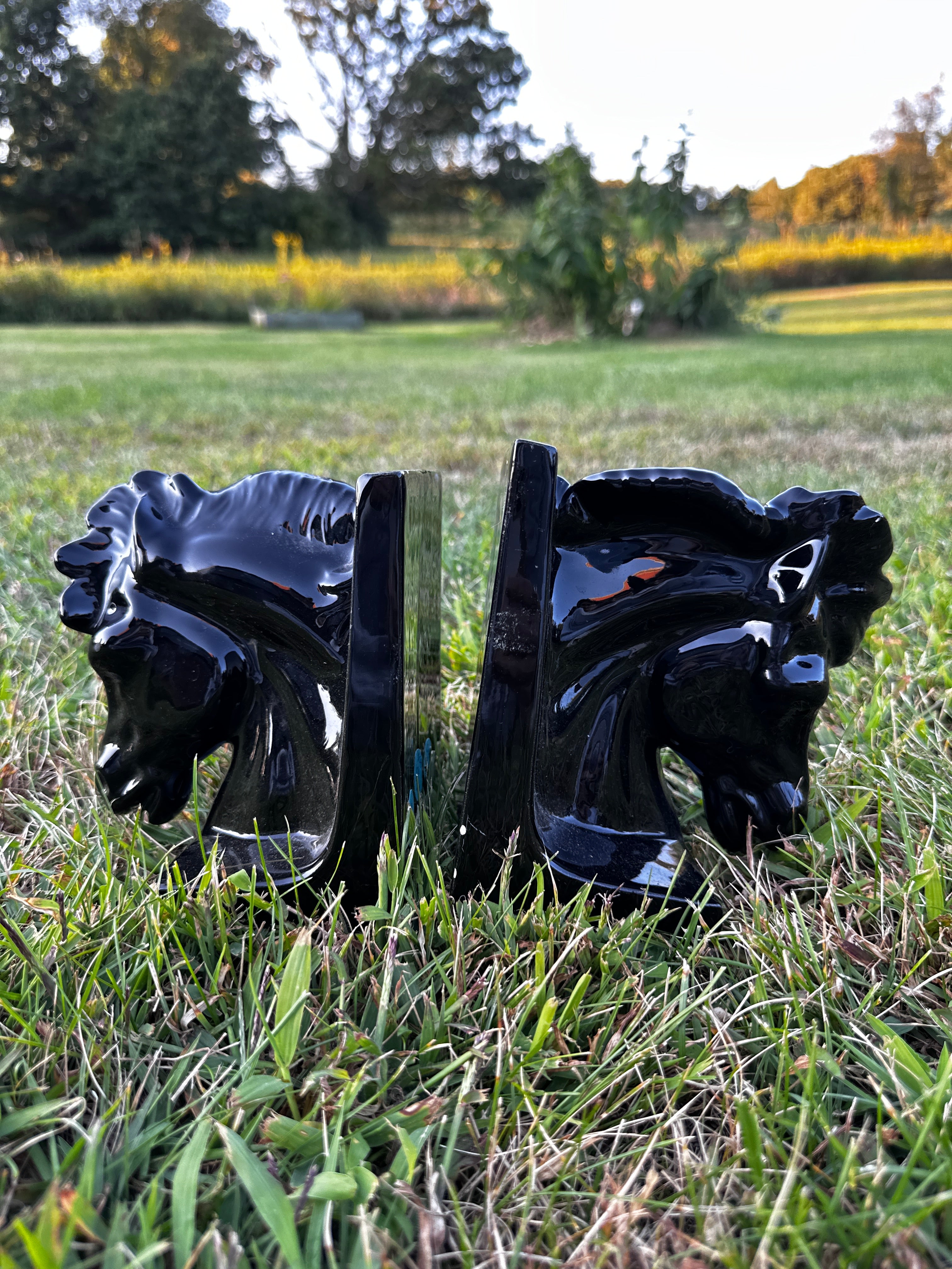 Vintage Black Ceramic Horse Head Bookends – Pair of Glossy Equine Decor