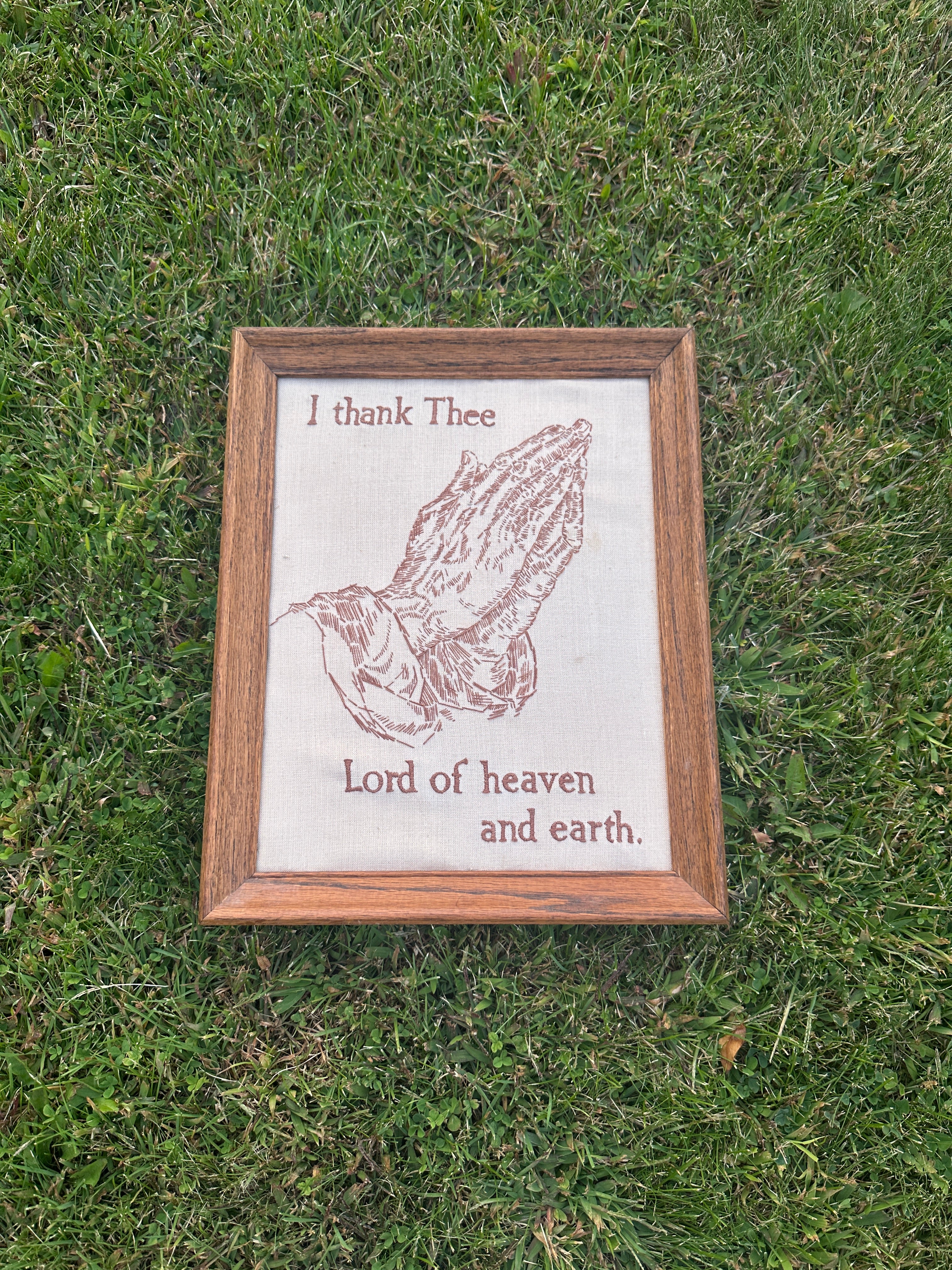 Framed Prayer Hands Embroidery – “I Thank Thee Lord of Heaven and Earth” Vintage