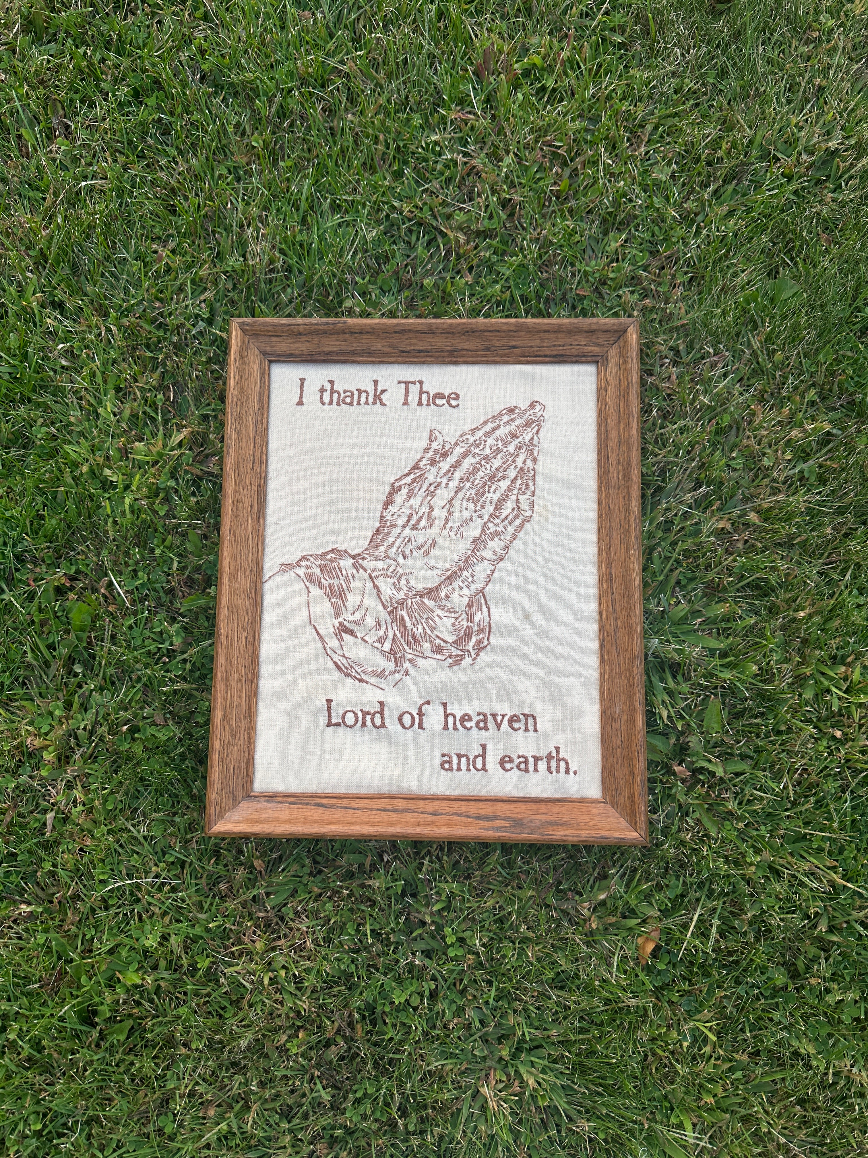 Framed Prayer Hands Embroidery – “I Thank Thee Lord of Heaven and Earth” Vintage