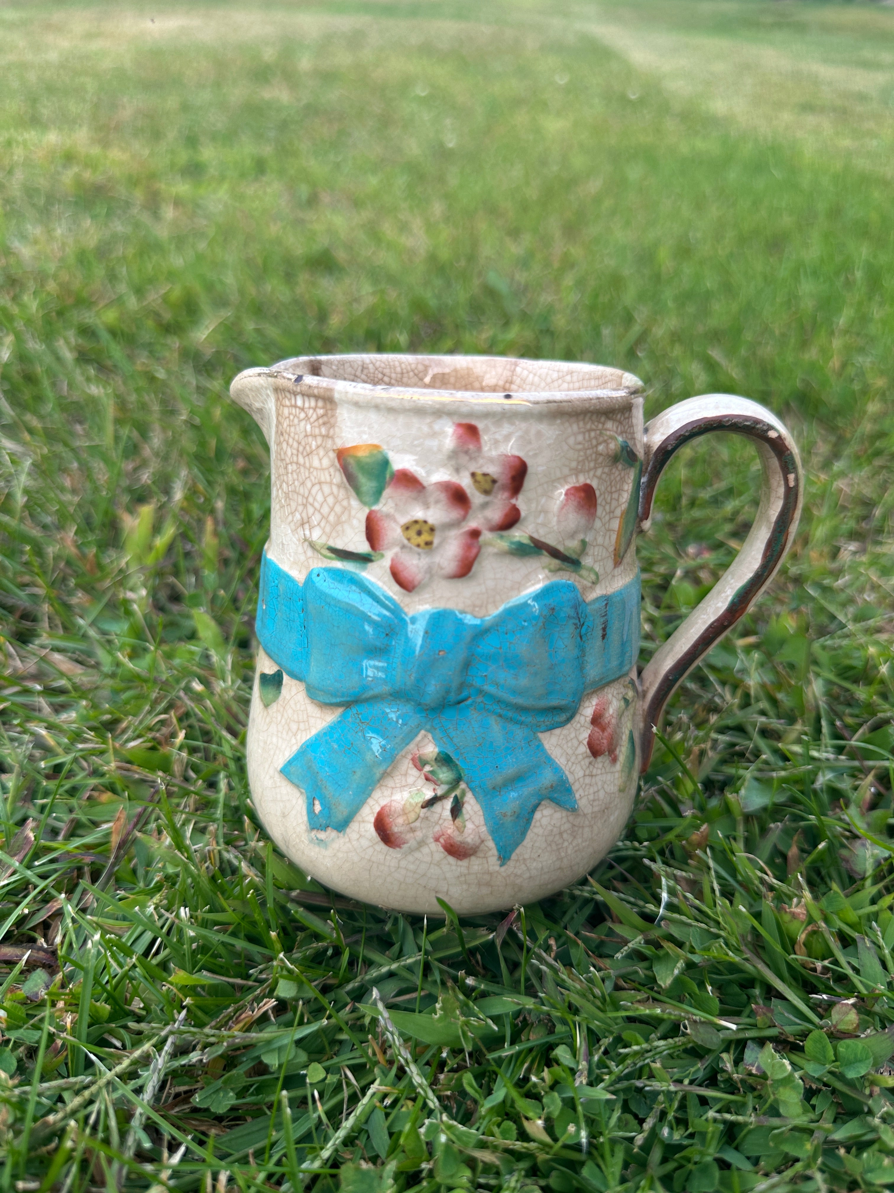 Vintage Crackle-Glaze Creamer Jug with Turquoise Bow & Hand-Painted Florals 19th-Century Style