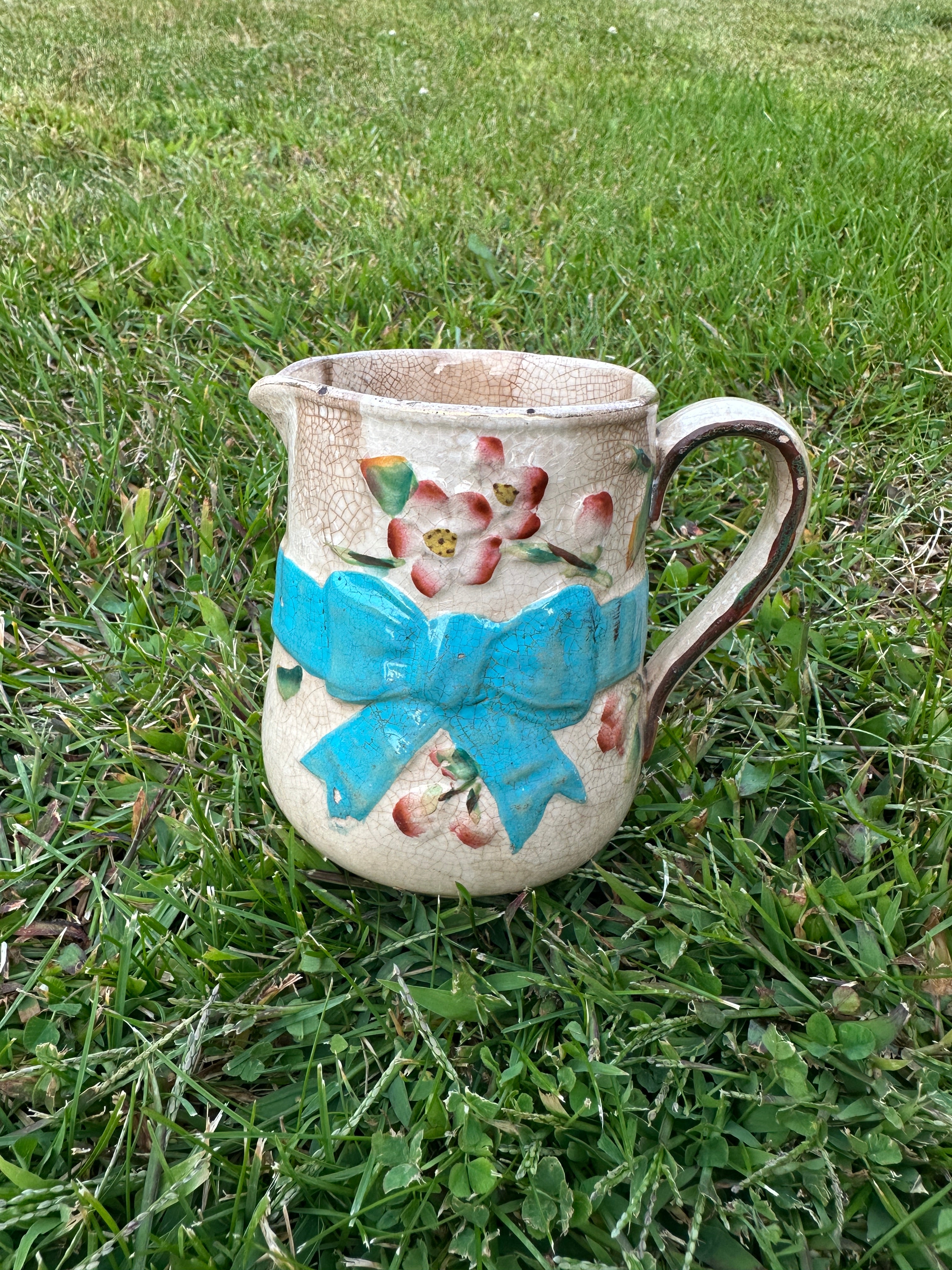 Vintage Crackle-Glaze Creamer Jug with Turquoise Bow & Hand-Painted Florals 19th-Century Style