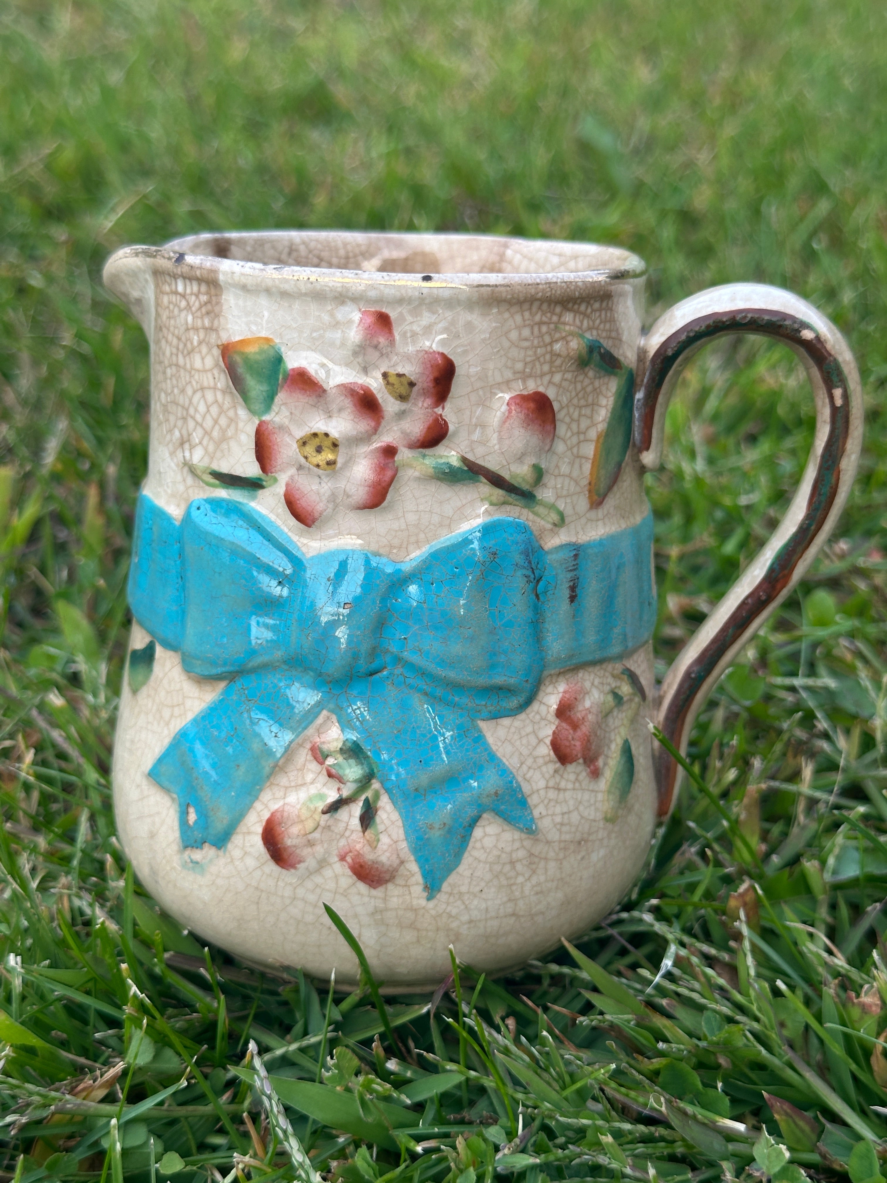 Vintage Crackle-Glaze Creamer Jug with Turquoise Bow & Hand-Painted Florals 19th-Century Style