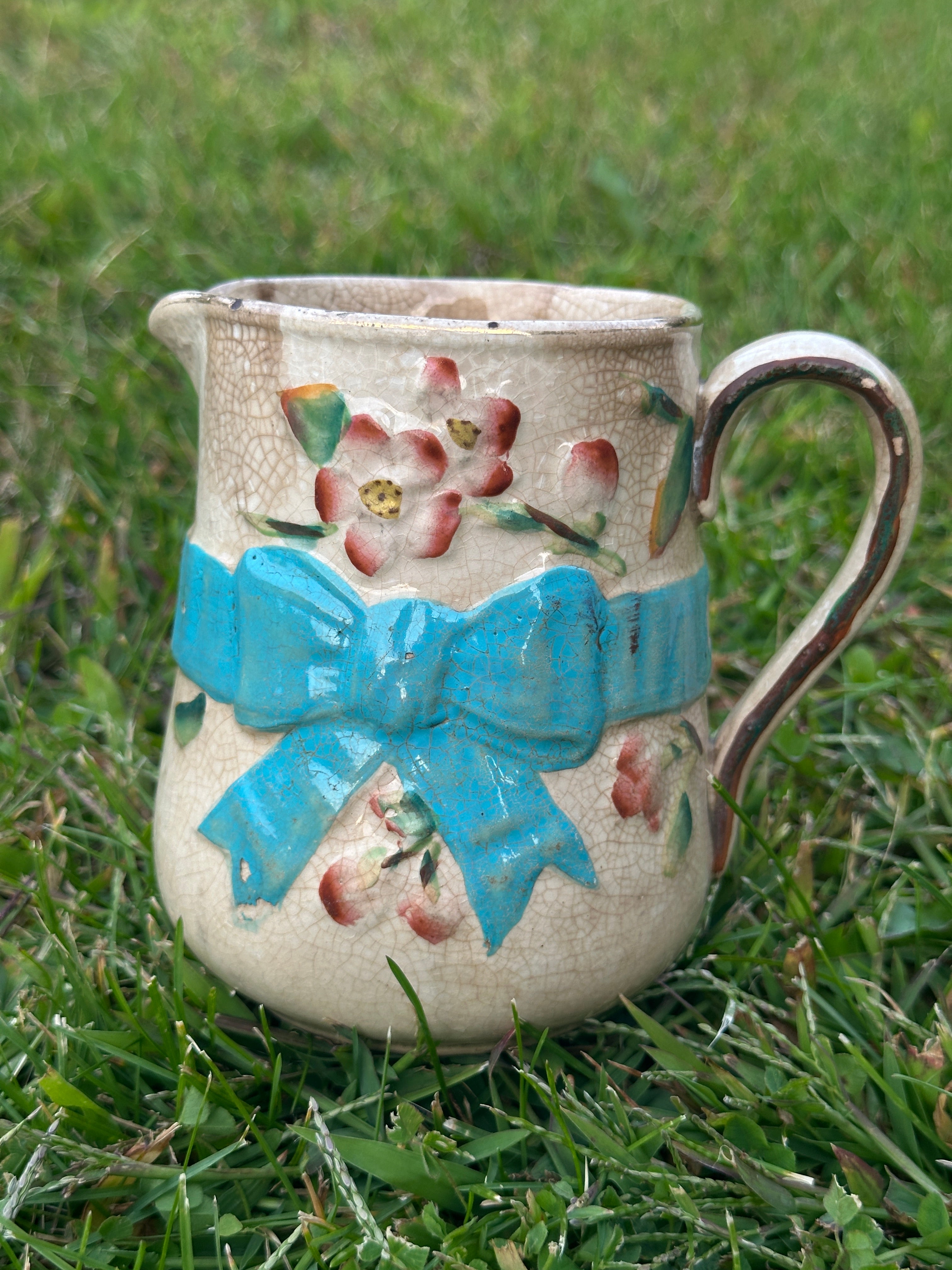 Vintage Crackle-Glaze Creamer Jug with Turquoise Bow & Hand-Painted Florals 19th-Century Style