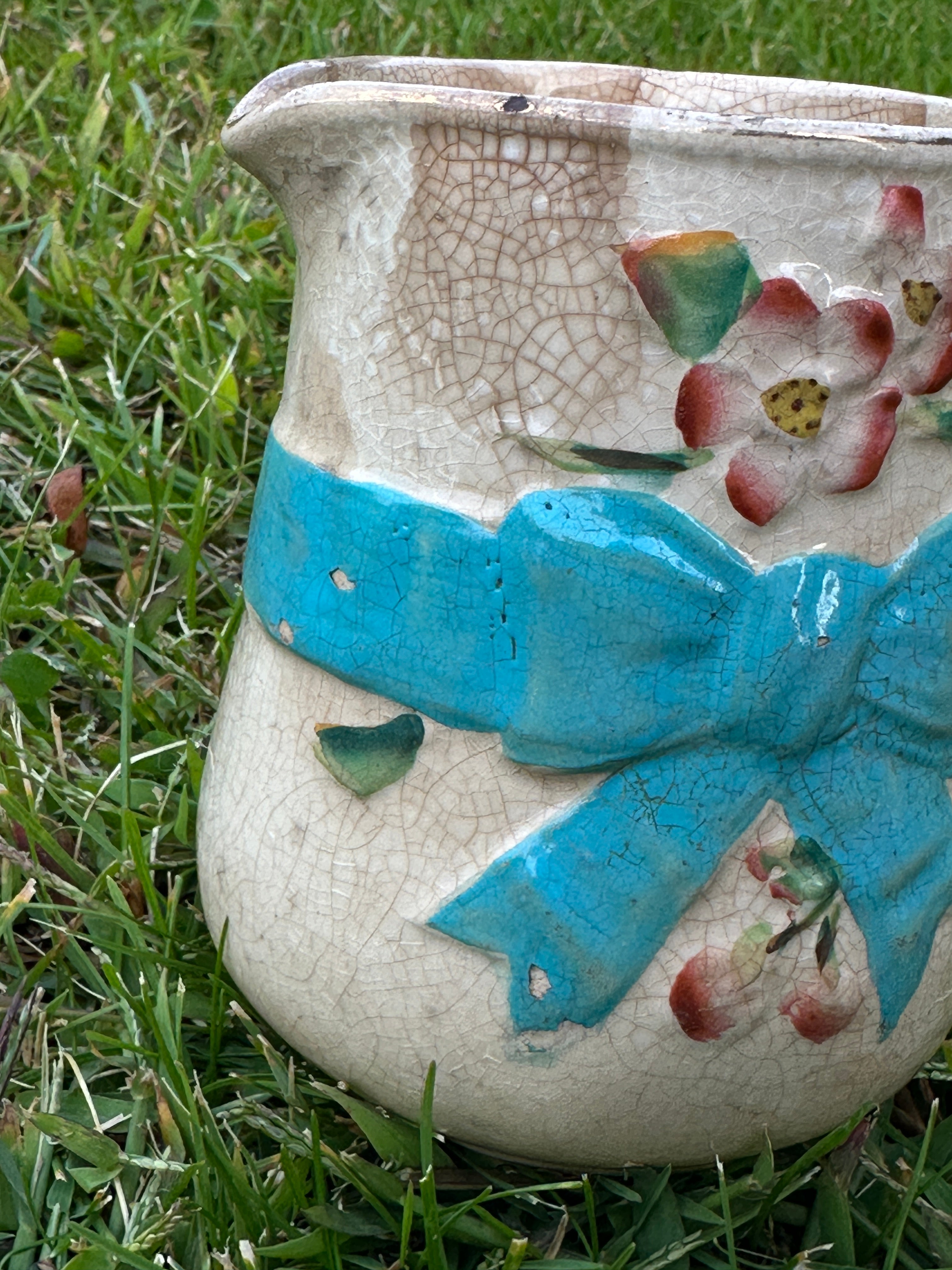 Vintage Crackle-Glaze Creamer Jug with Turquoise Bow & Hand-Painted Florals 19th-Century Style