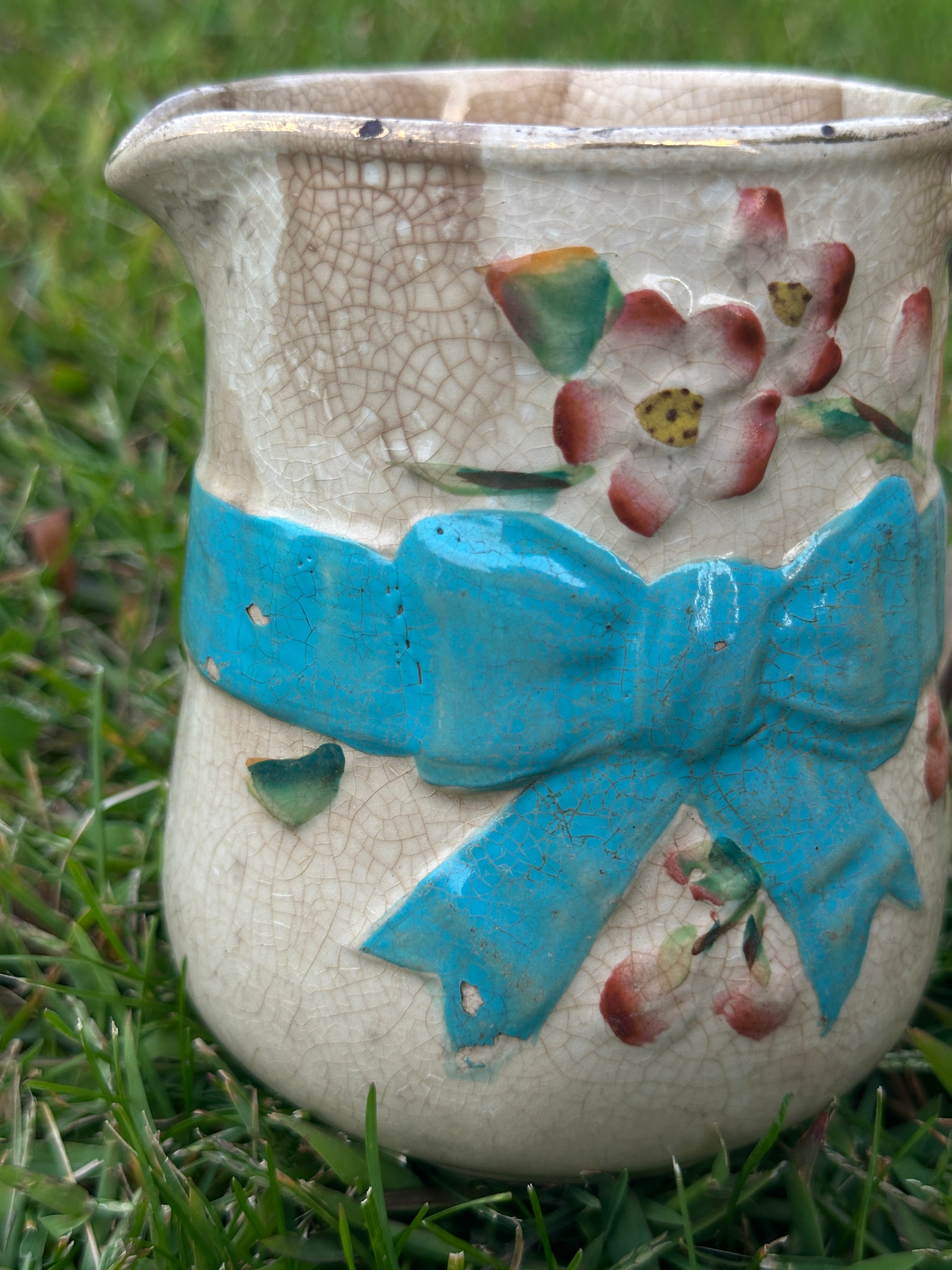 Vintage Crackle-Glaze Creamer Jug with Turquoise Bow & Hand-Painted Florals 19th-Century Style