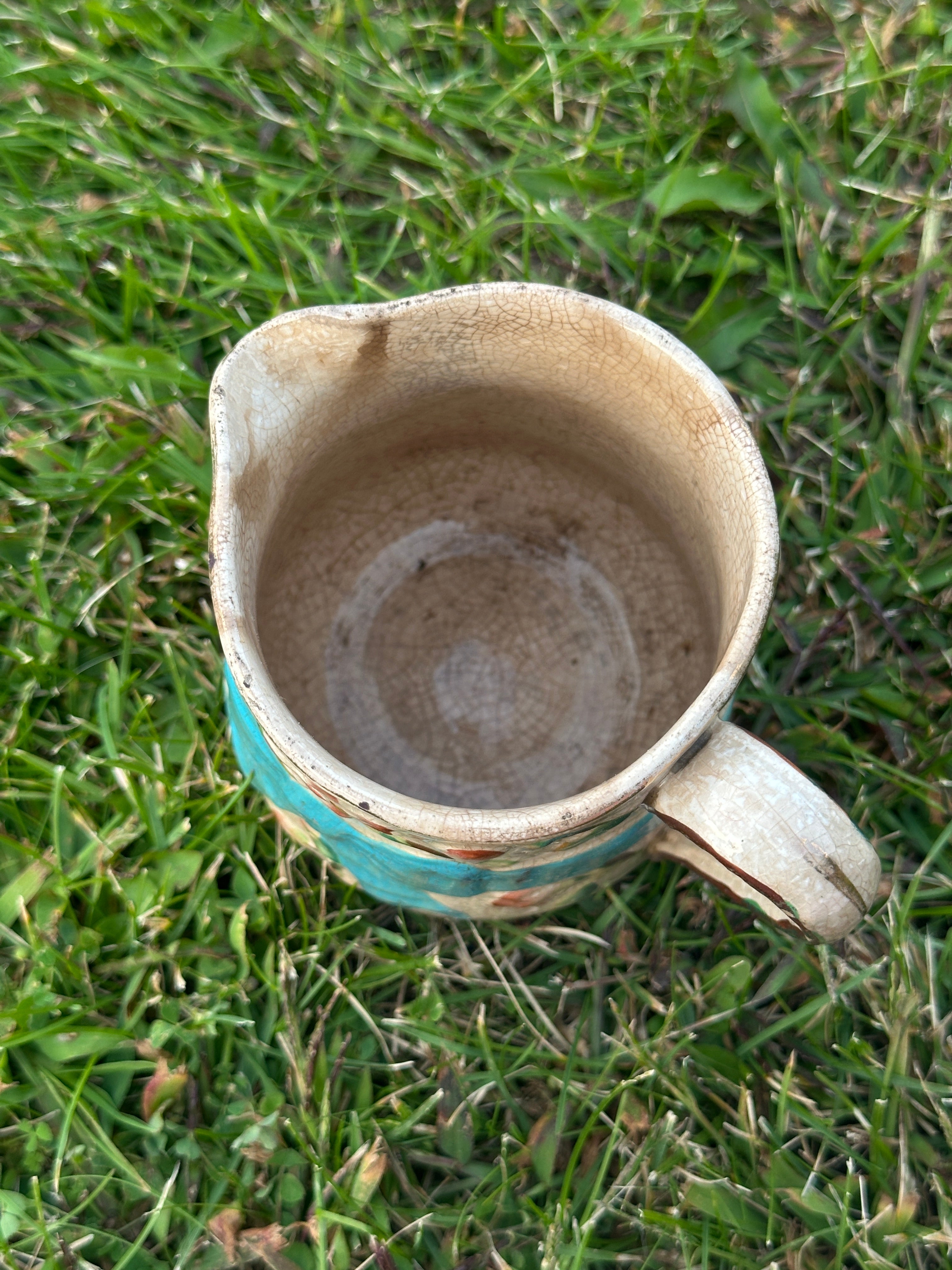 Vintage Crackle-Glaze Creamer Jug with Turquoise Bow & Hand-Painted Florals 19th-Century Style
