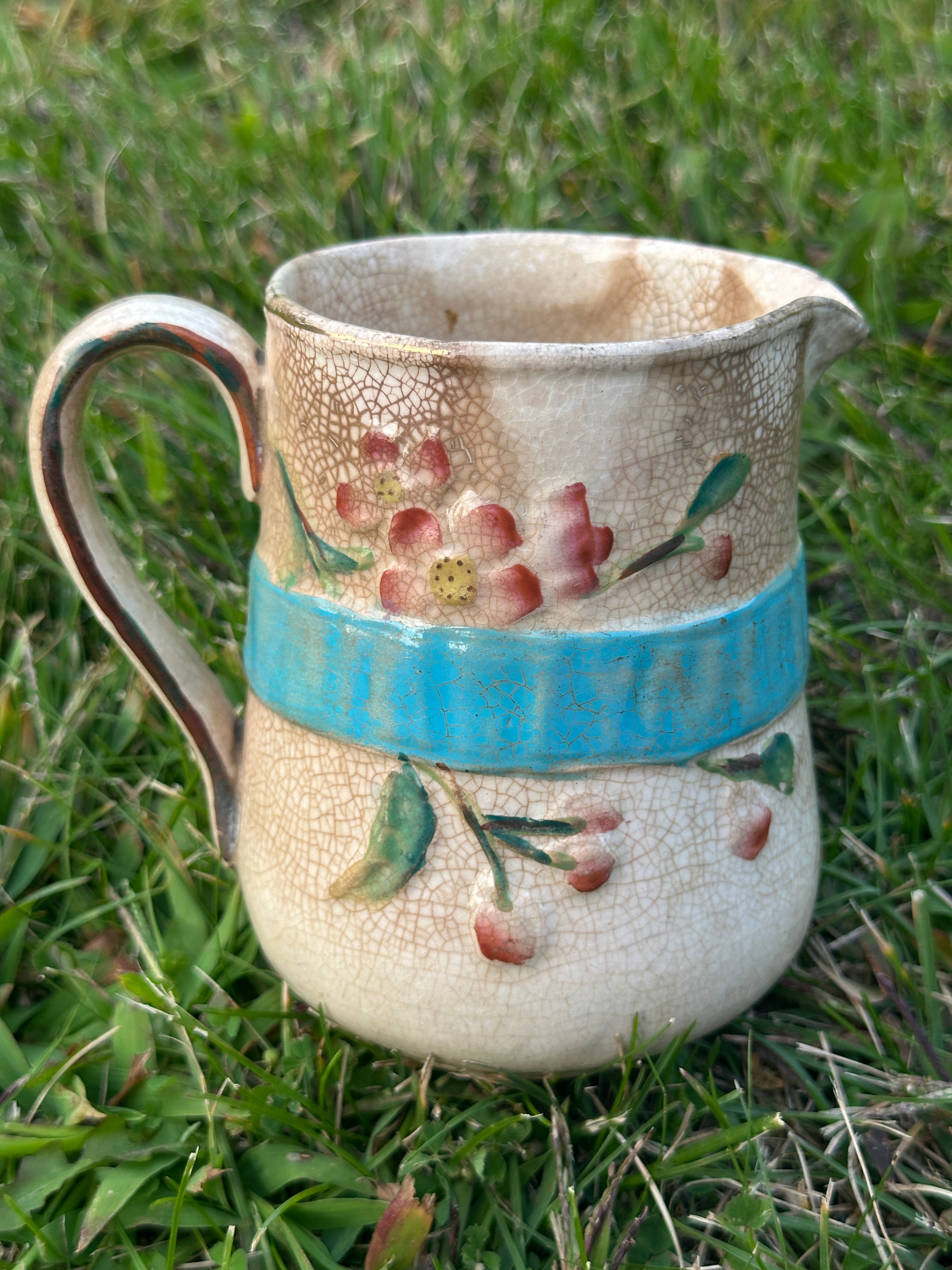 Vintage Crackle-Glaze Creamer Jug with Turquoise Bow & Hand-Painted Florals 19th-Century Style