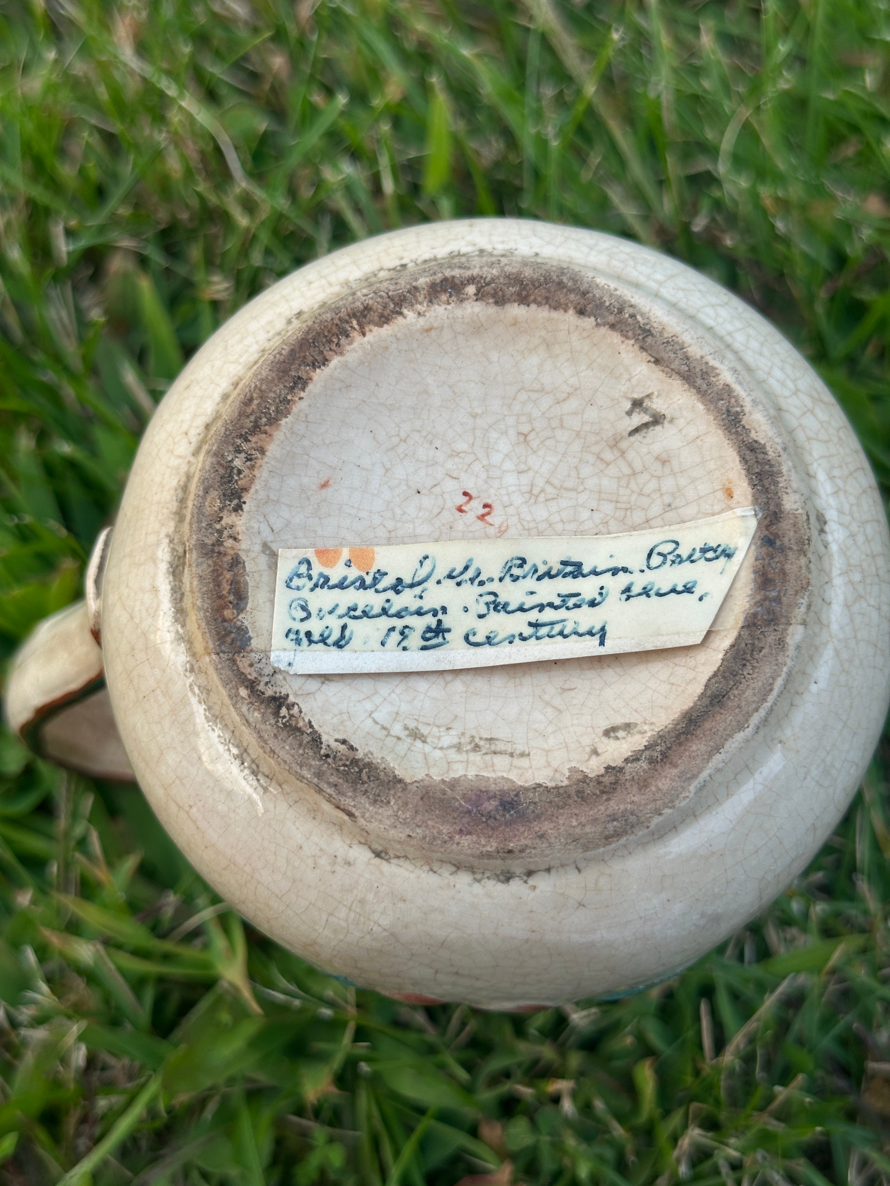 Vintage Crackle-Glaze Creamer Jug with Turquoise Bow & Hand-Painted Florals 19th-Century Style