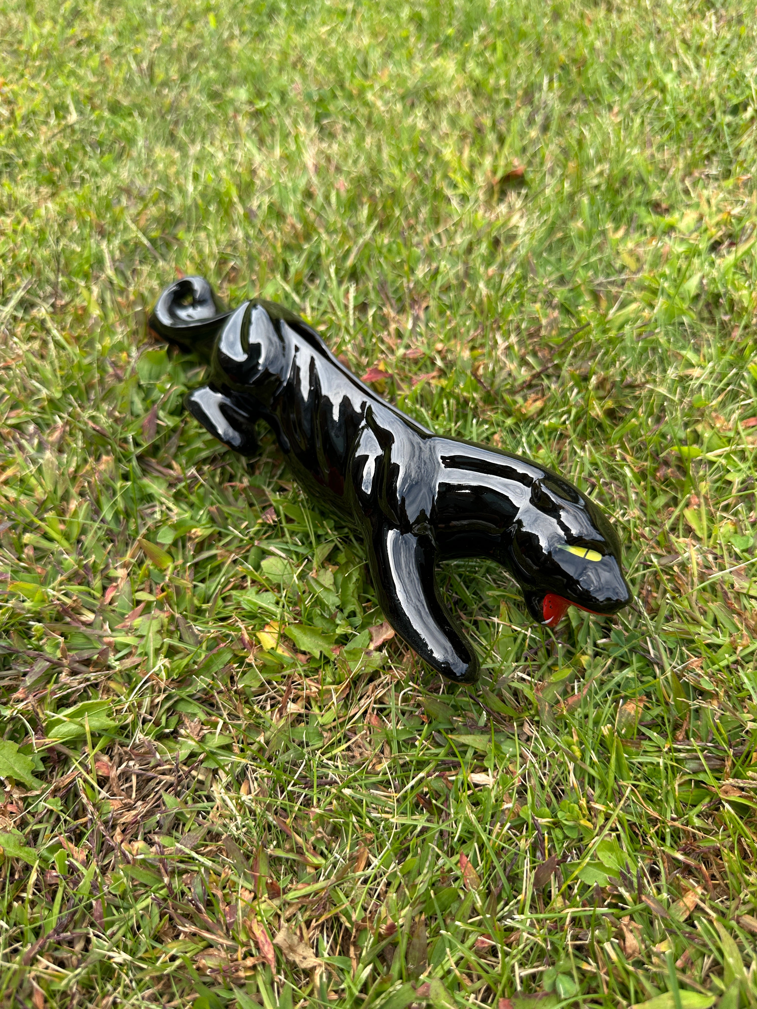 Vintage 50s Black Ceramic Panther Cat Red Ware Figurine