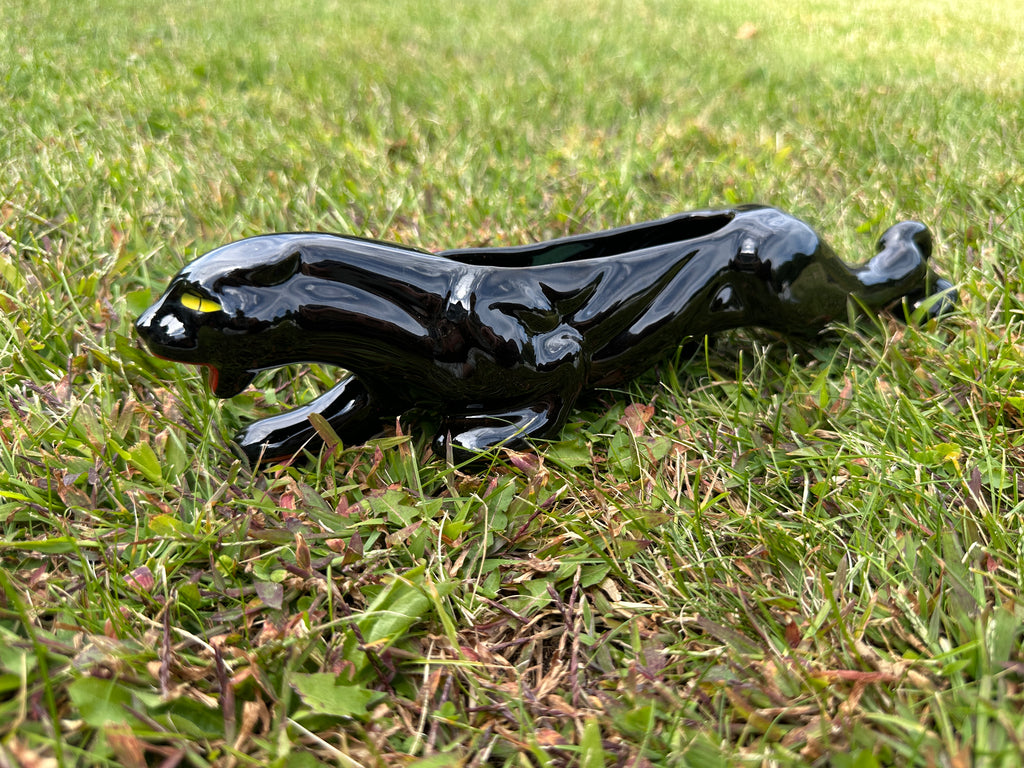 Vintage 50s Black Ceramic Panther Cat Red Ware Figurine