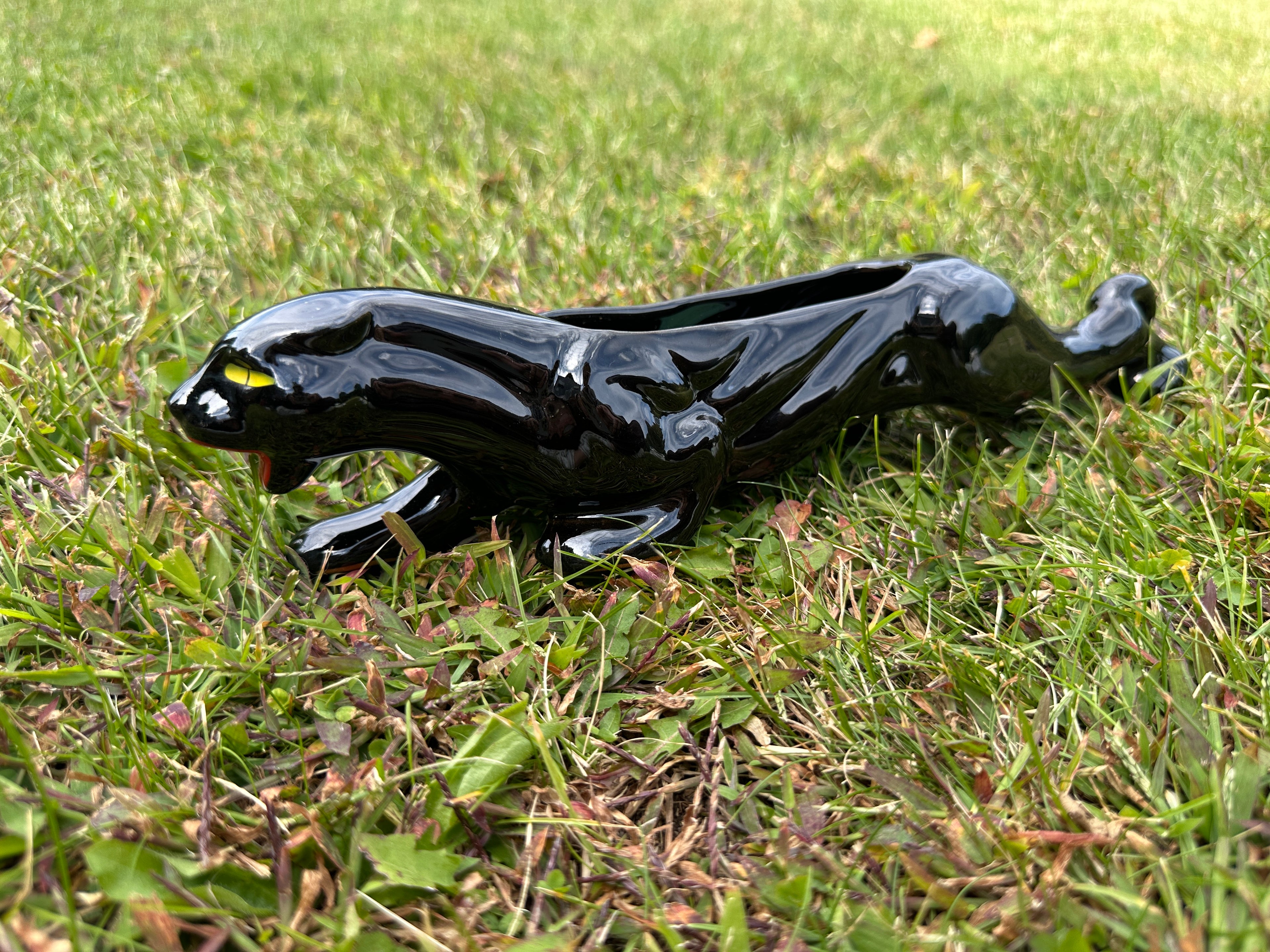 Vintage 50s Black Ceramic Panther Cat Red Ware Figurine