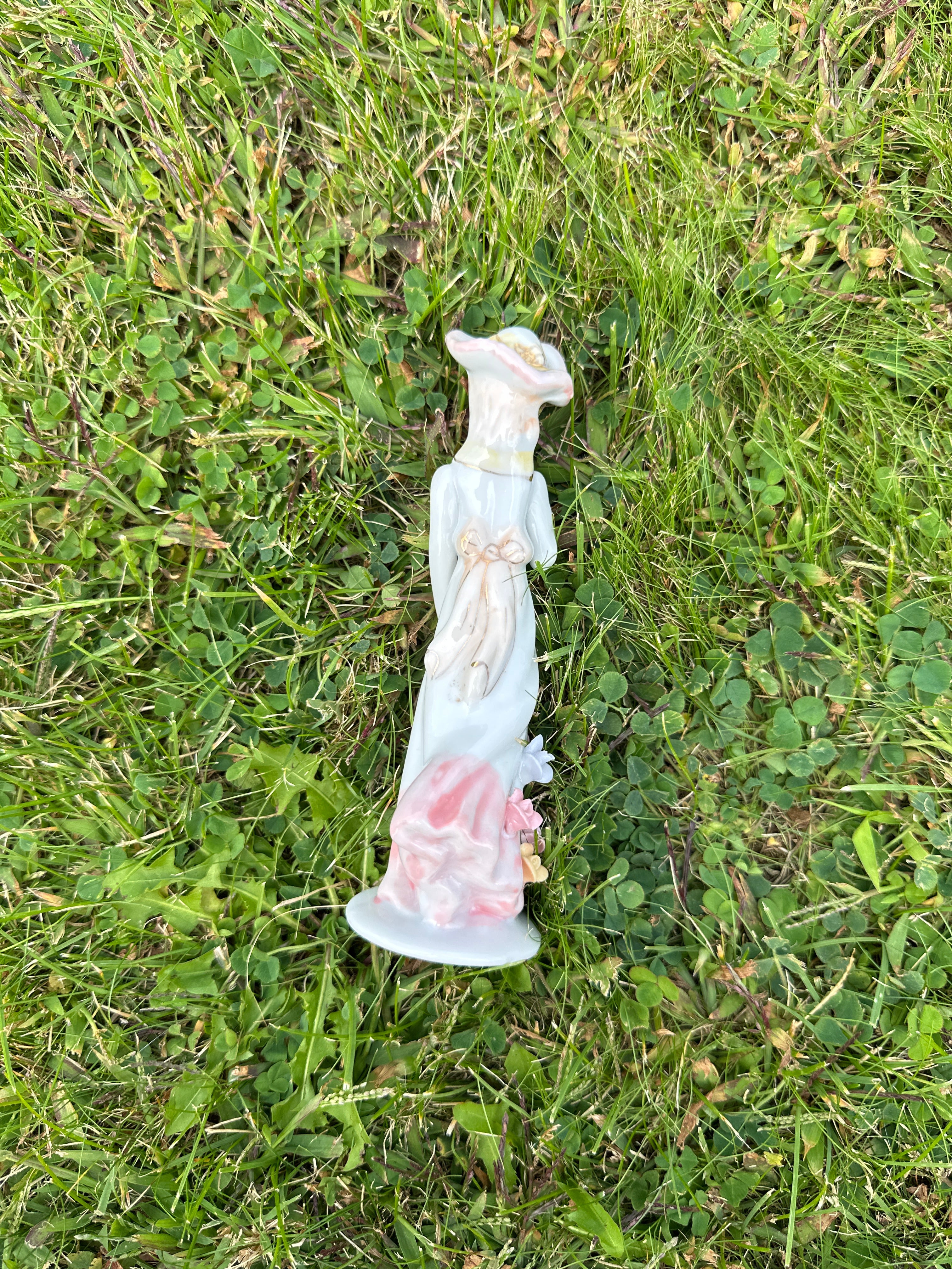 Vintage Porcelain Lady Figurine with Hat and Pink Flower – Victorian Style