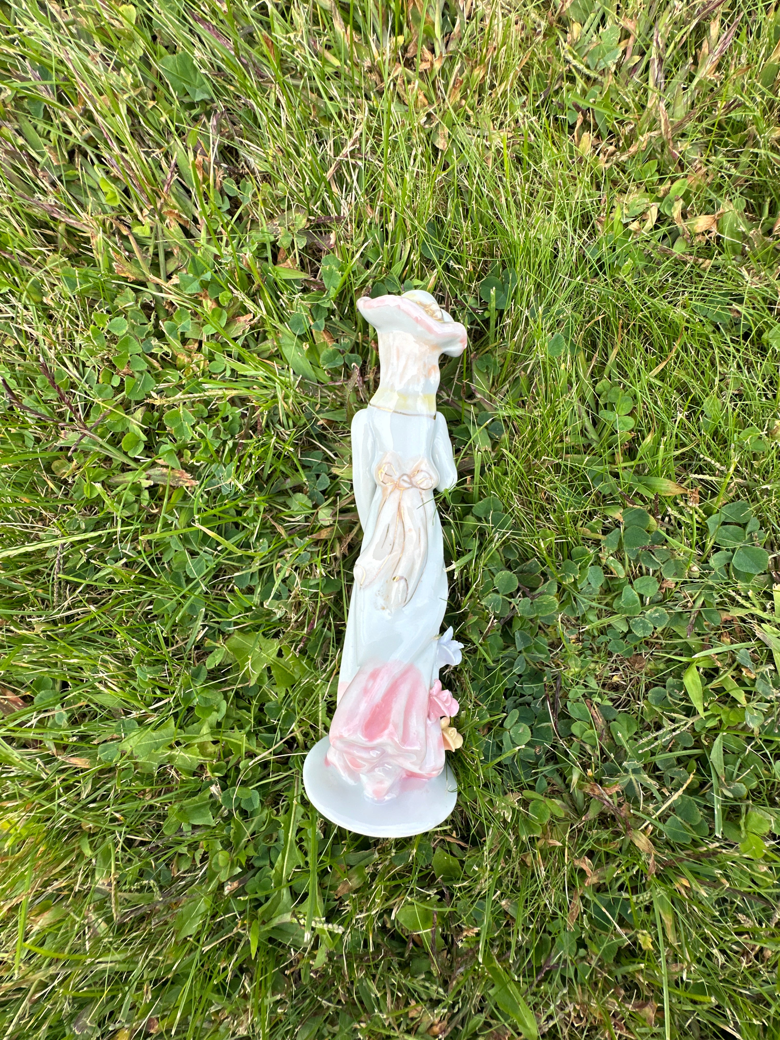 Vintage Porcelain Lady Figurine with Hat and Pink Flower – Victorian Style