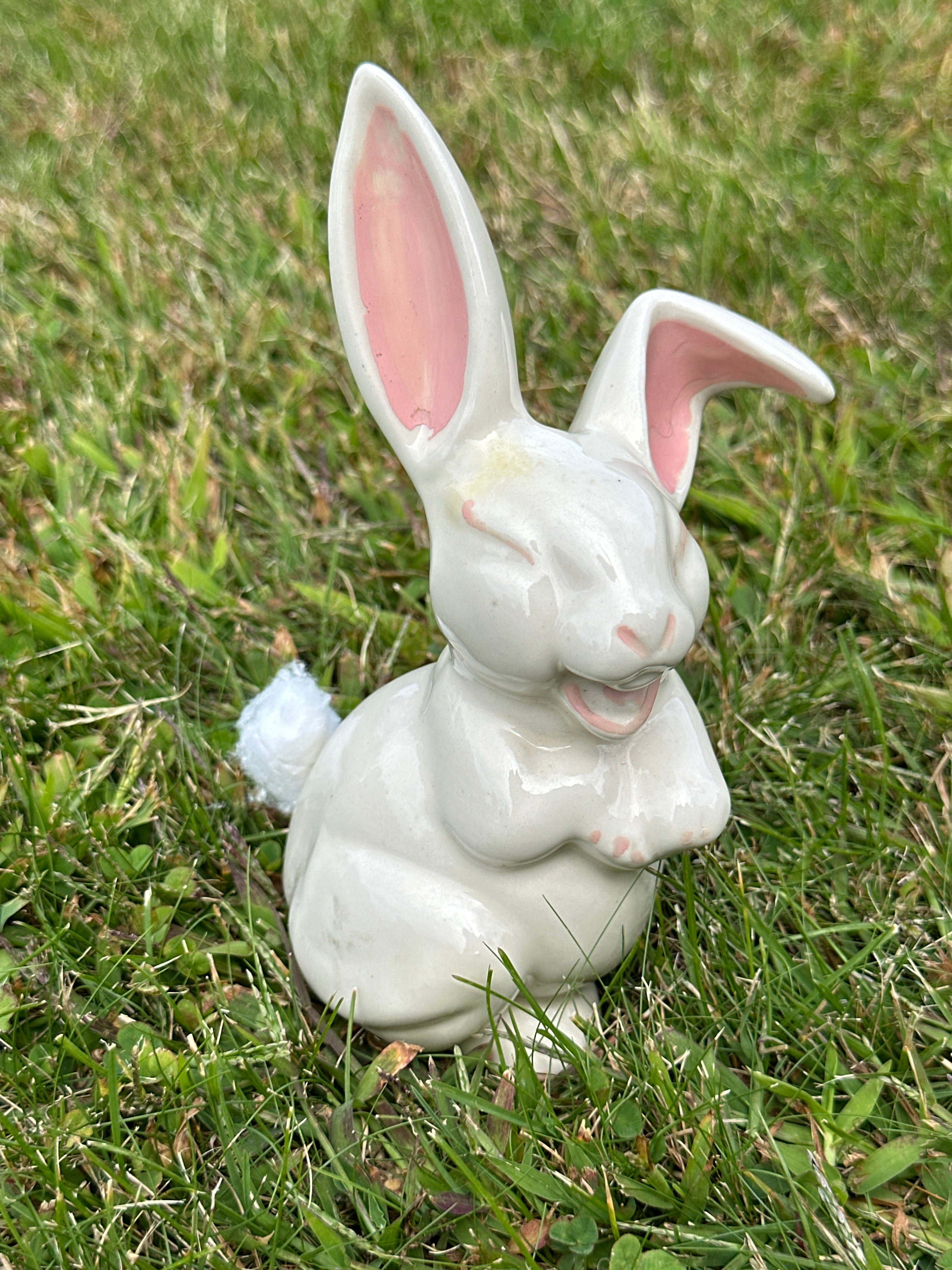 Whimsical Ceramic Bunny Figurine with Cotton-Tail Pom Pom — Cottagecore / Easter Decor