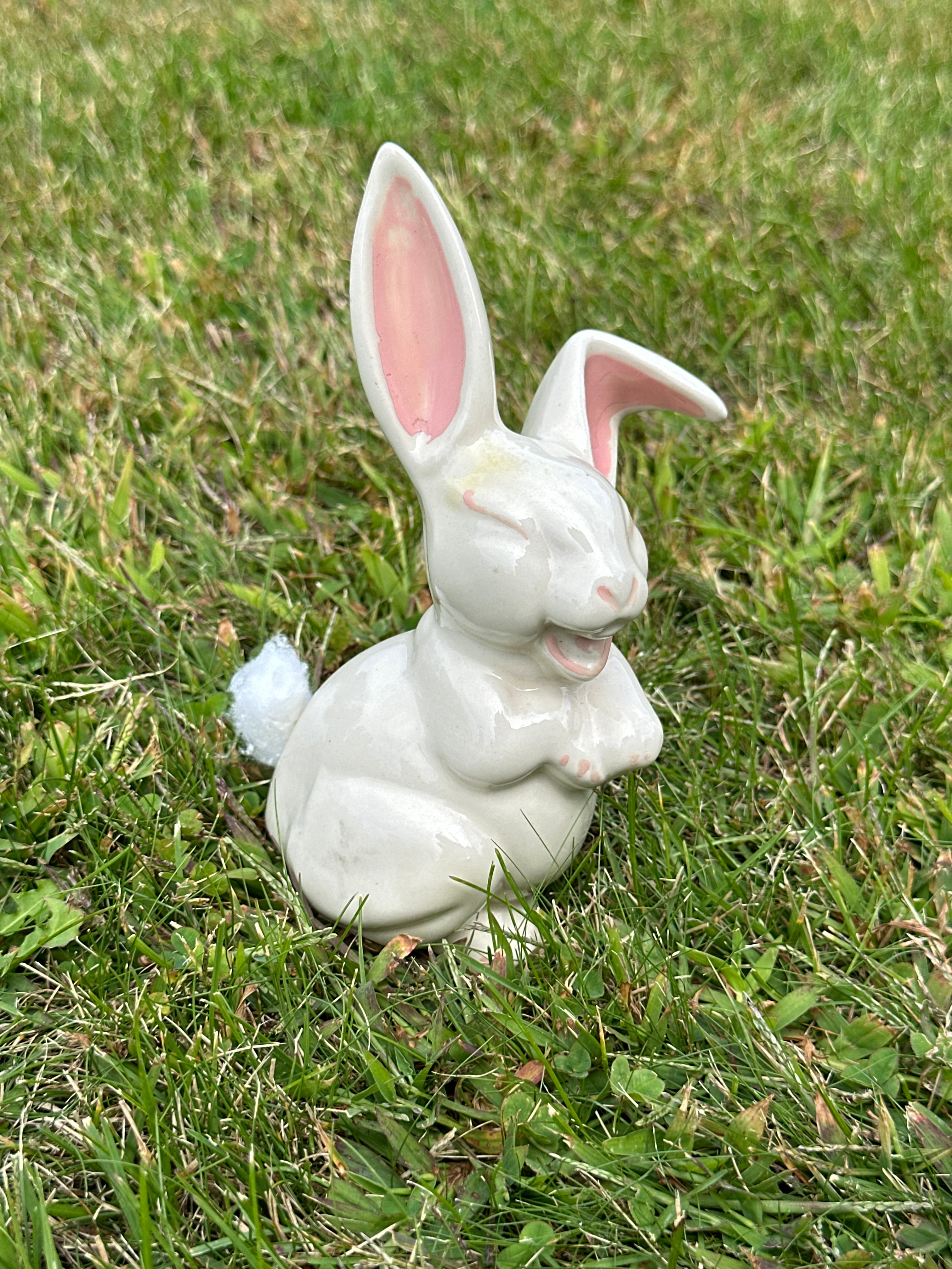 Whimsical Ceramic Bunny Figurine with Cotton-Tail Pom Pom — Cottagecore / Easter Decor