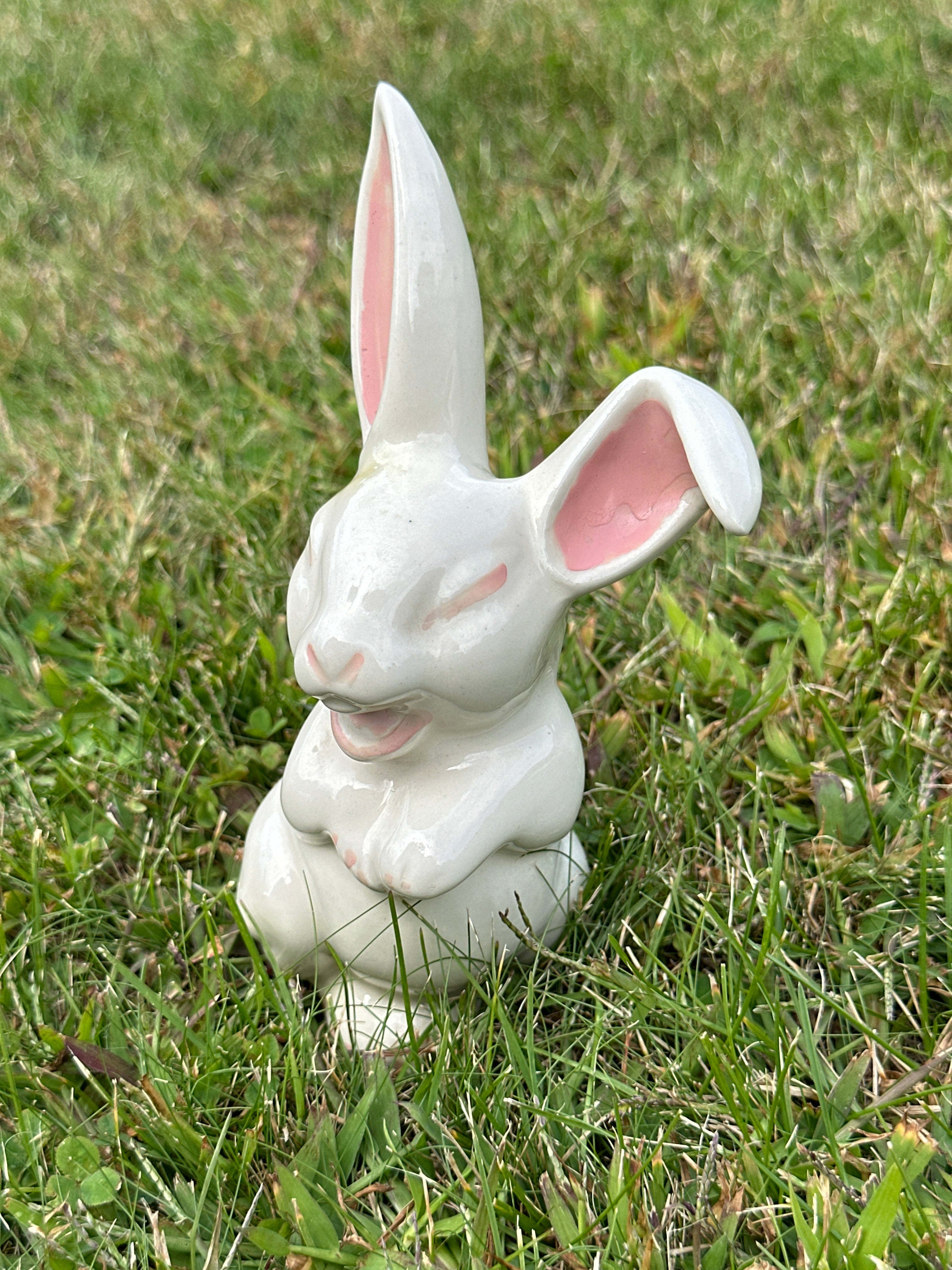 Whimsical Ceramic Bunny Figurine with Cotton-Tail Pom Pom — Cottagecore / Easter Decor