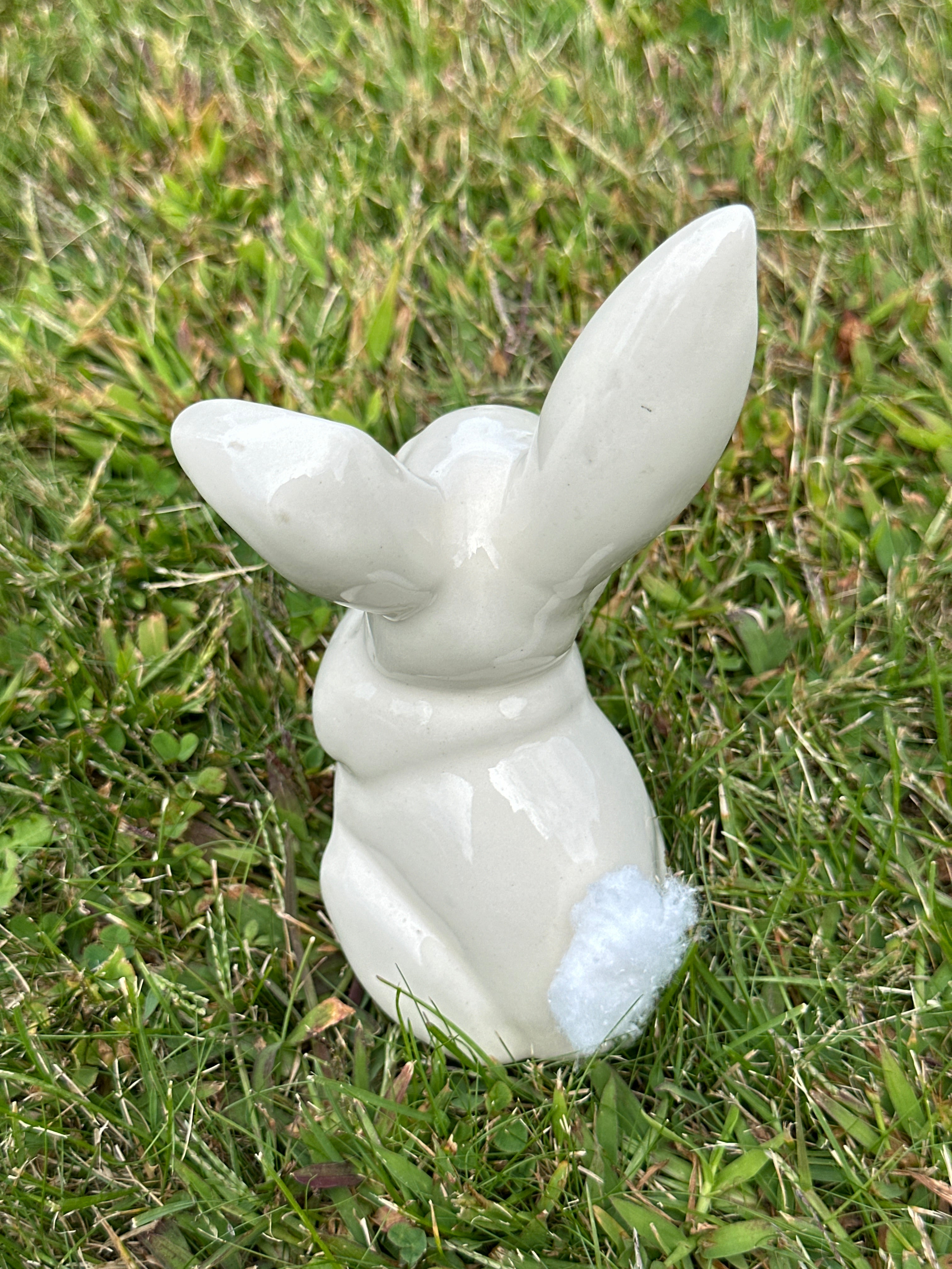 Whimsical Ceramic Bunny Figurine with Cotton-Tail Pom Pom — Cottagecore / Easter Decor
