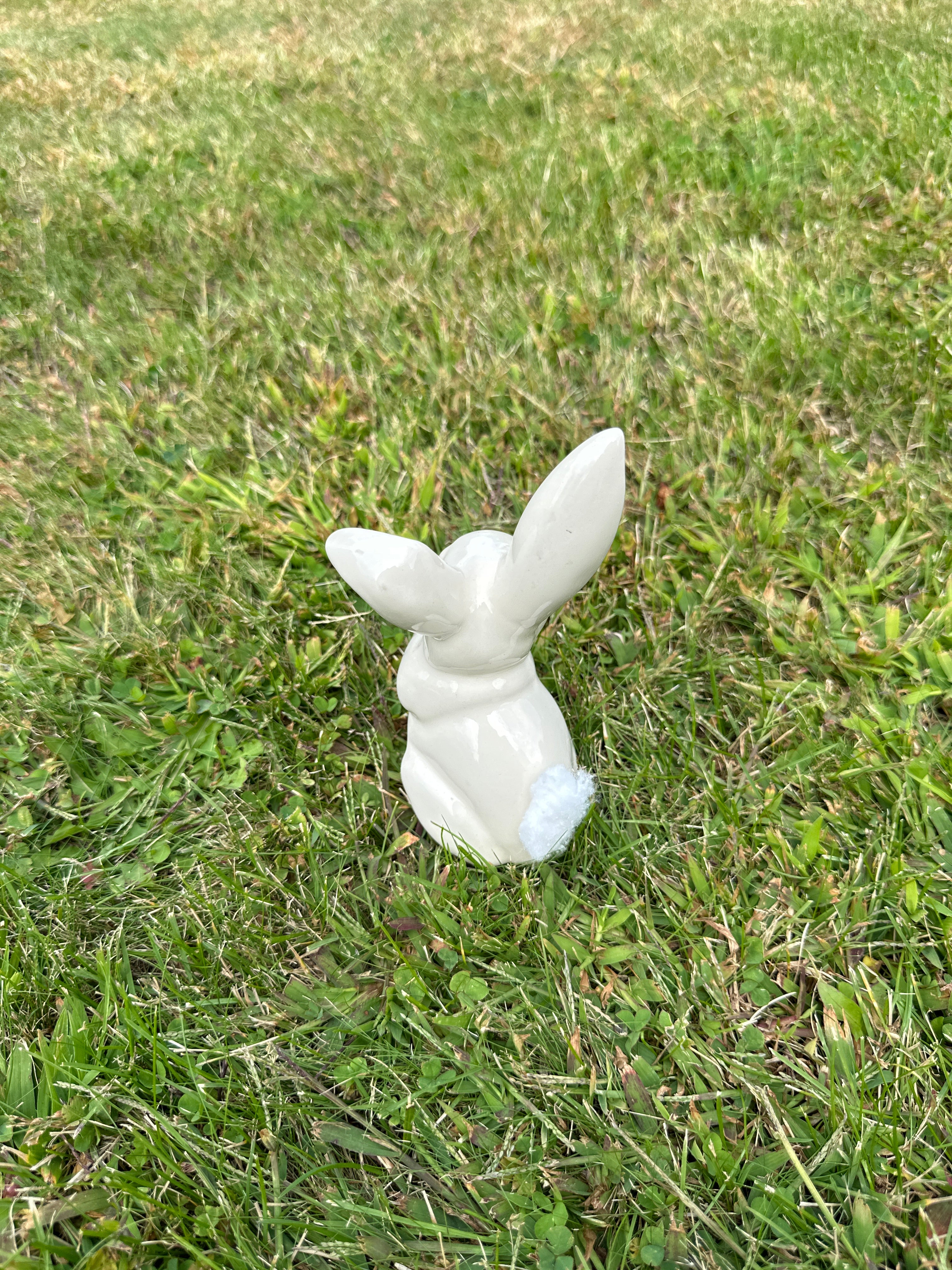 Whimsical Ceramic Bunny Figurine with Cotton-Tail Pom Pom — Cottagecore / Easter Decor