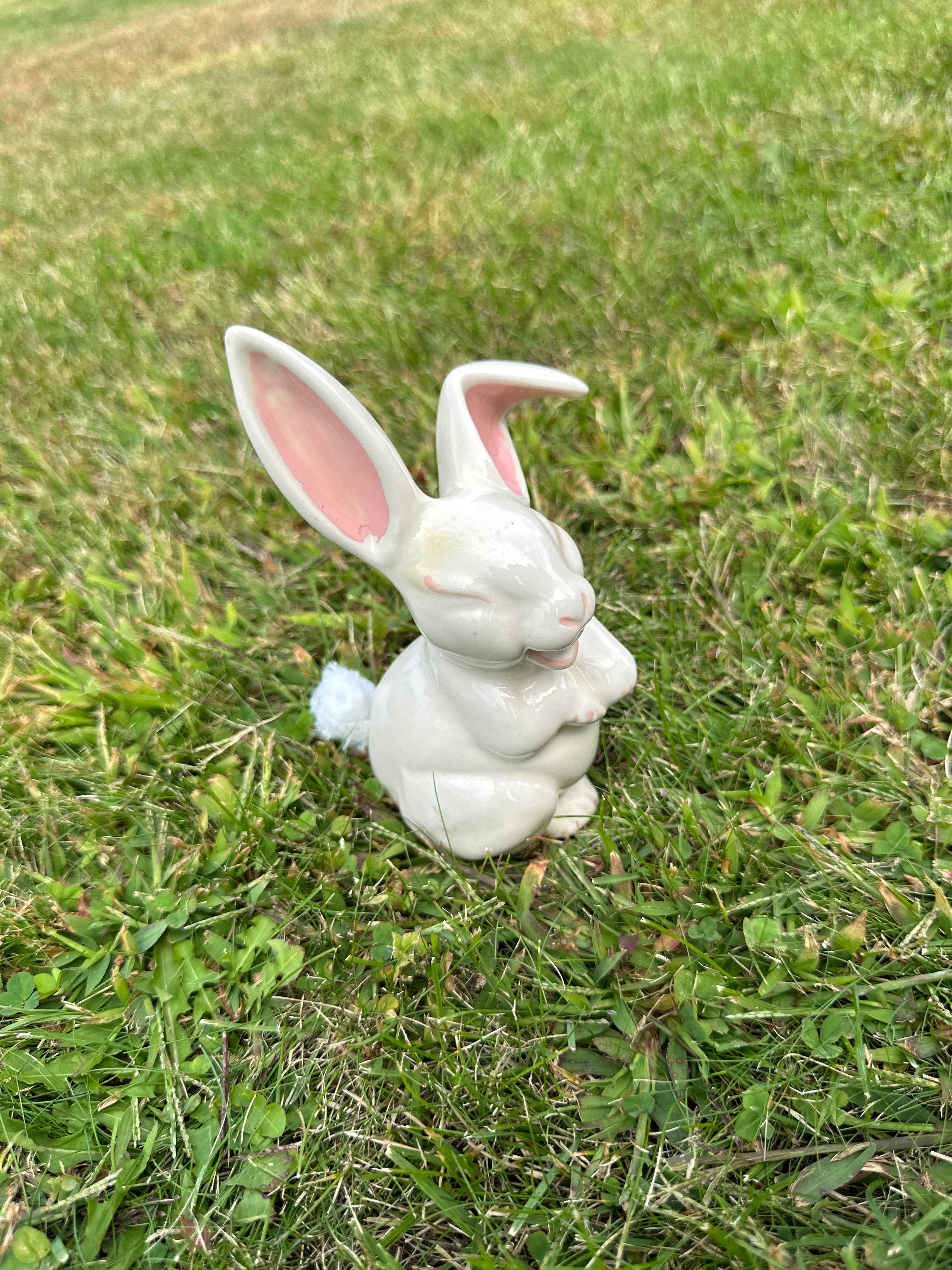 Whimsical Ceramic Bunny Figurine with Cotton-Tail Pom Pom — Cottagecore / Easter Decor