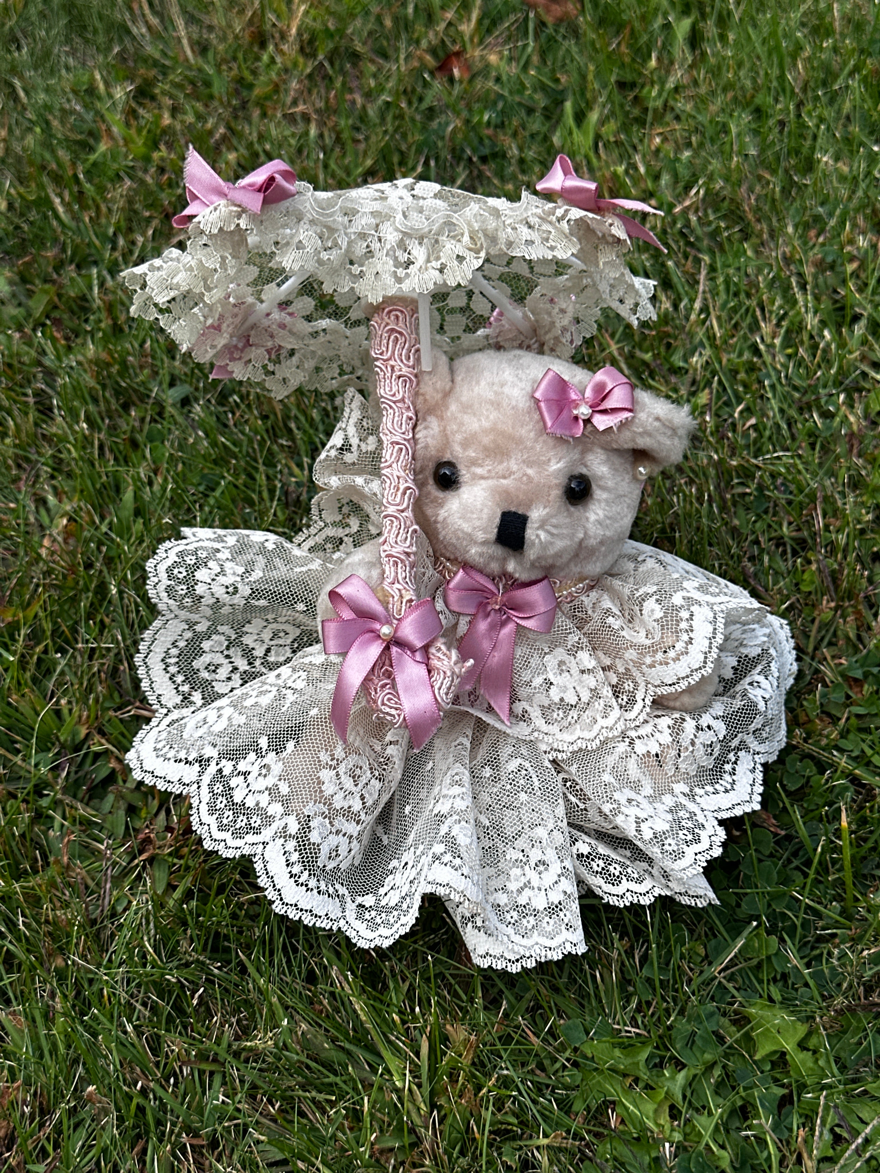 Teddy bear - Vintage Lace Parasol Bear Figurine – Plush Teddy in Victorian Dress with Umbrella