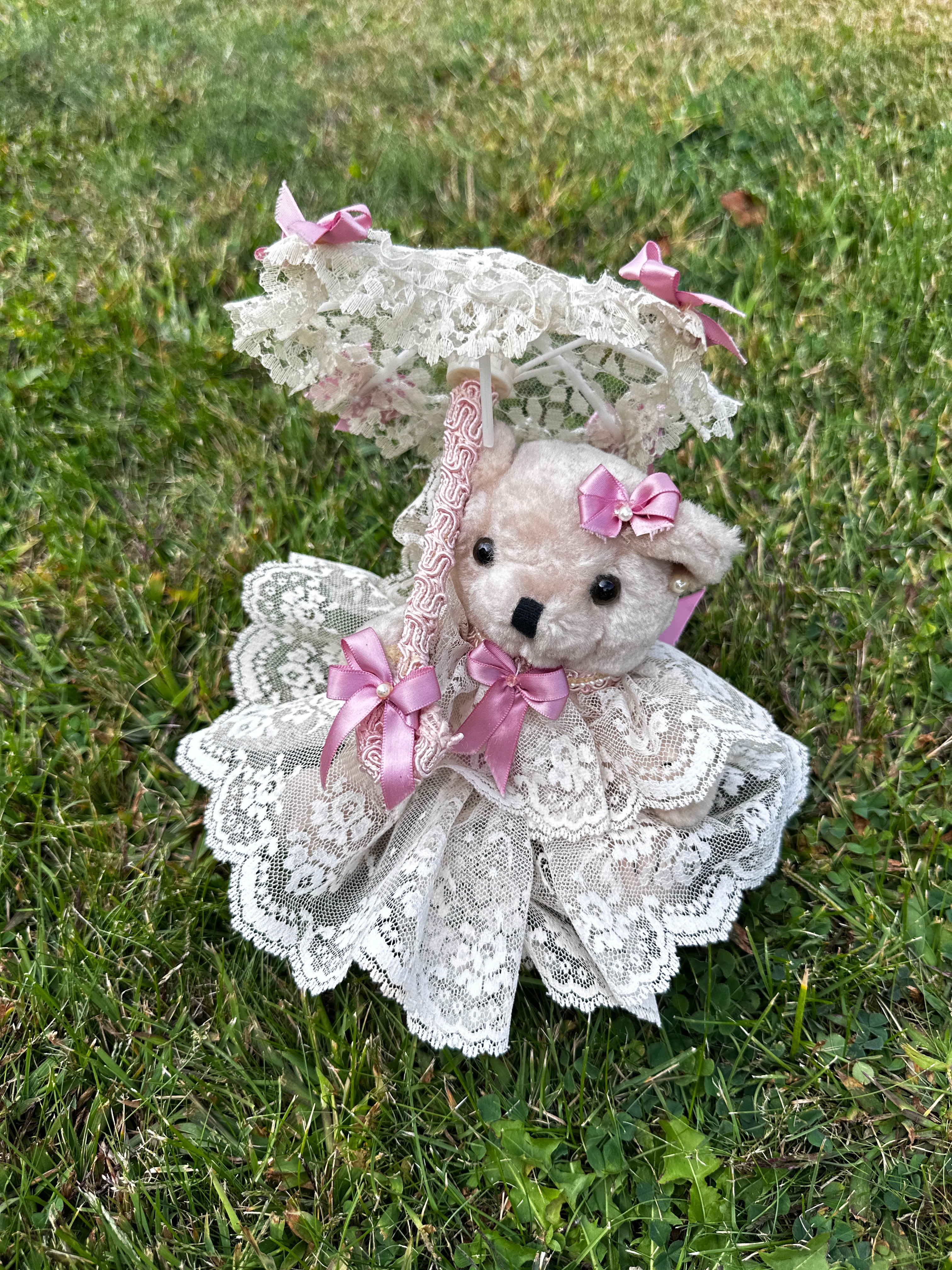 Teddy bear - Vintage Lace Parasol Bear Figurine – Plush Teddy in Victorian Dress with Umbrella