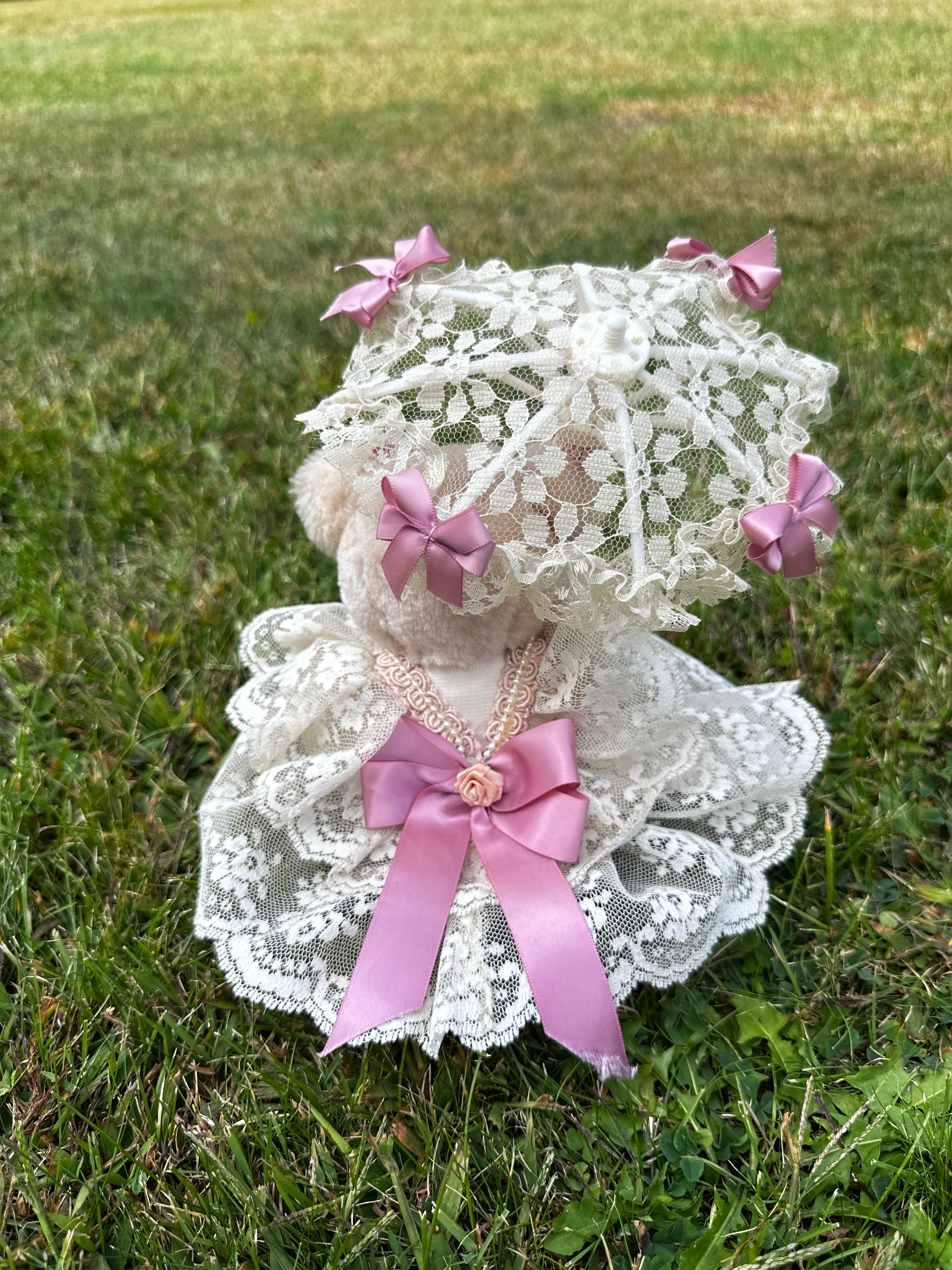 Teddy bear - Vintage Lace Parasol Bear Figurine – Plush Teddy in Victorian Dress with Umbrella