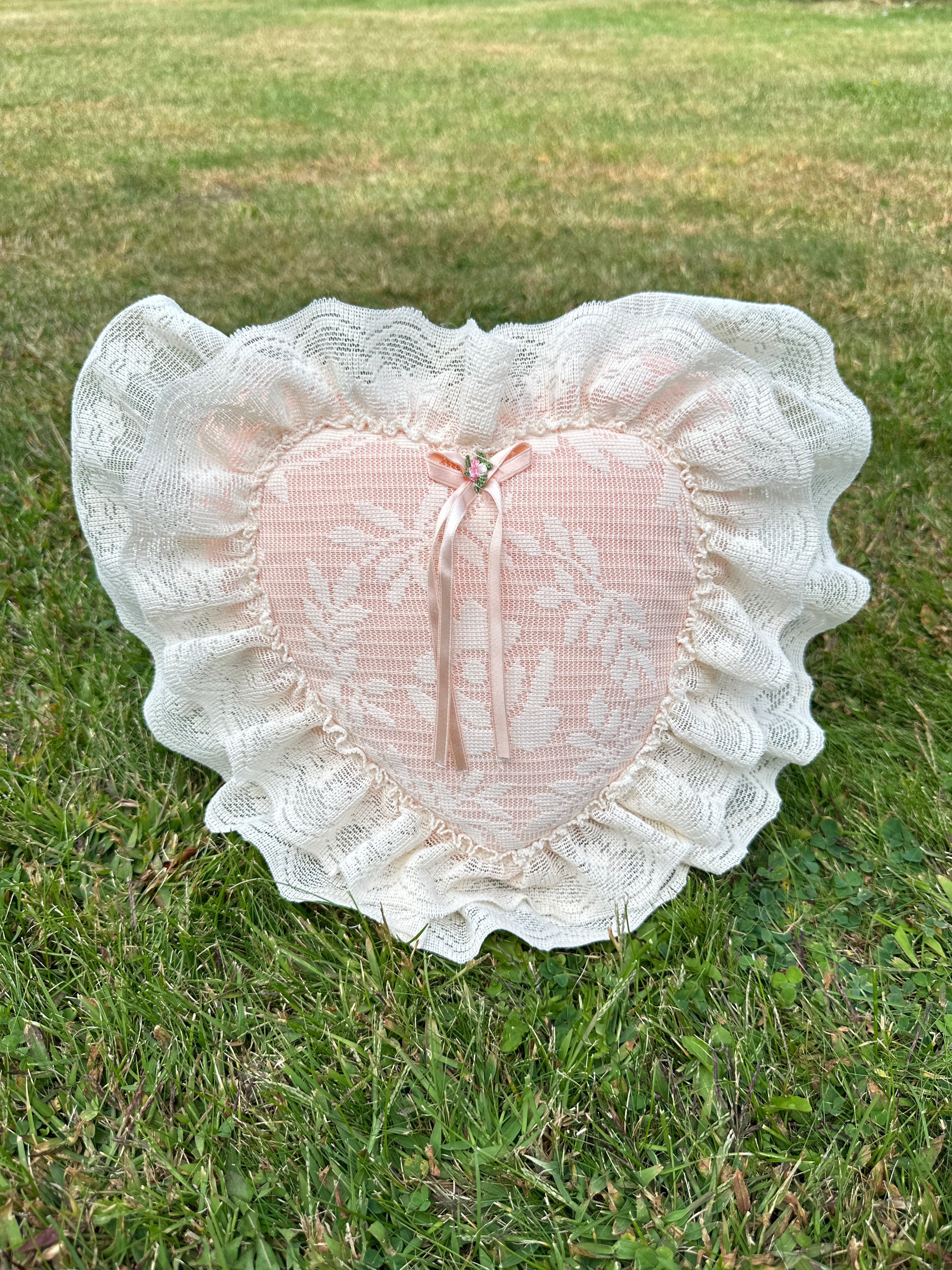 Lace Decorative Pillow with Heart shaped Lace Ruffle & Pink Floral Bow — Shabby Chic / Cottagecore