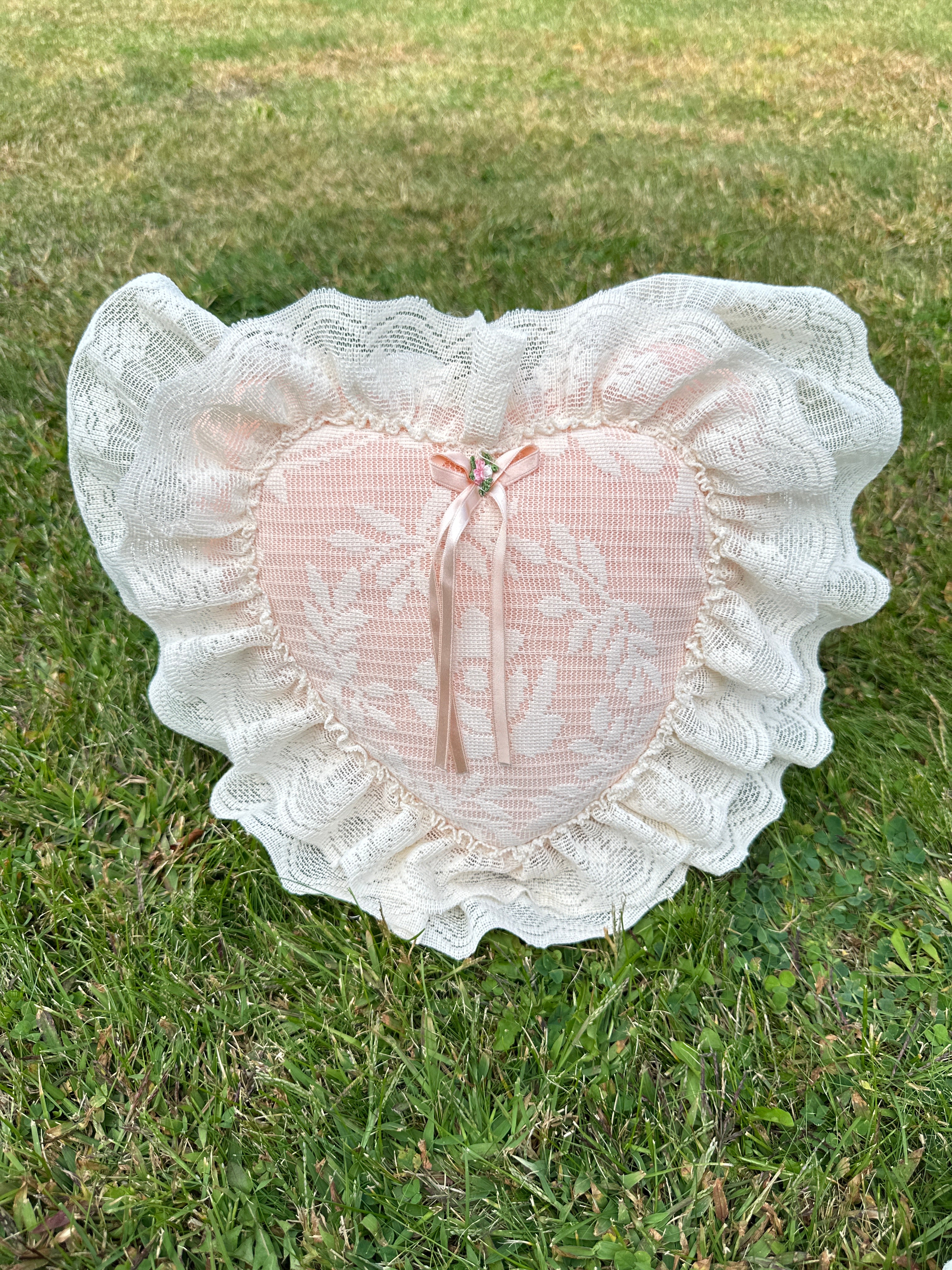 Lace Decorative Pillow with Heart shaped Lace Ruffle & Pink Floral Bow — Shabby Chic / Cottagecore