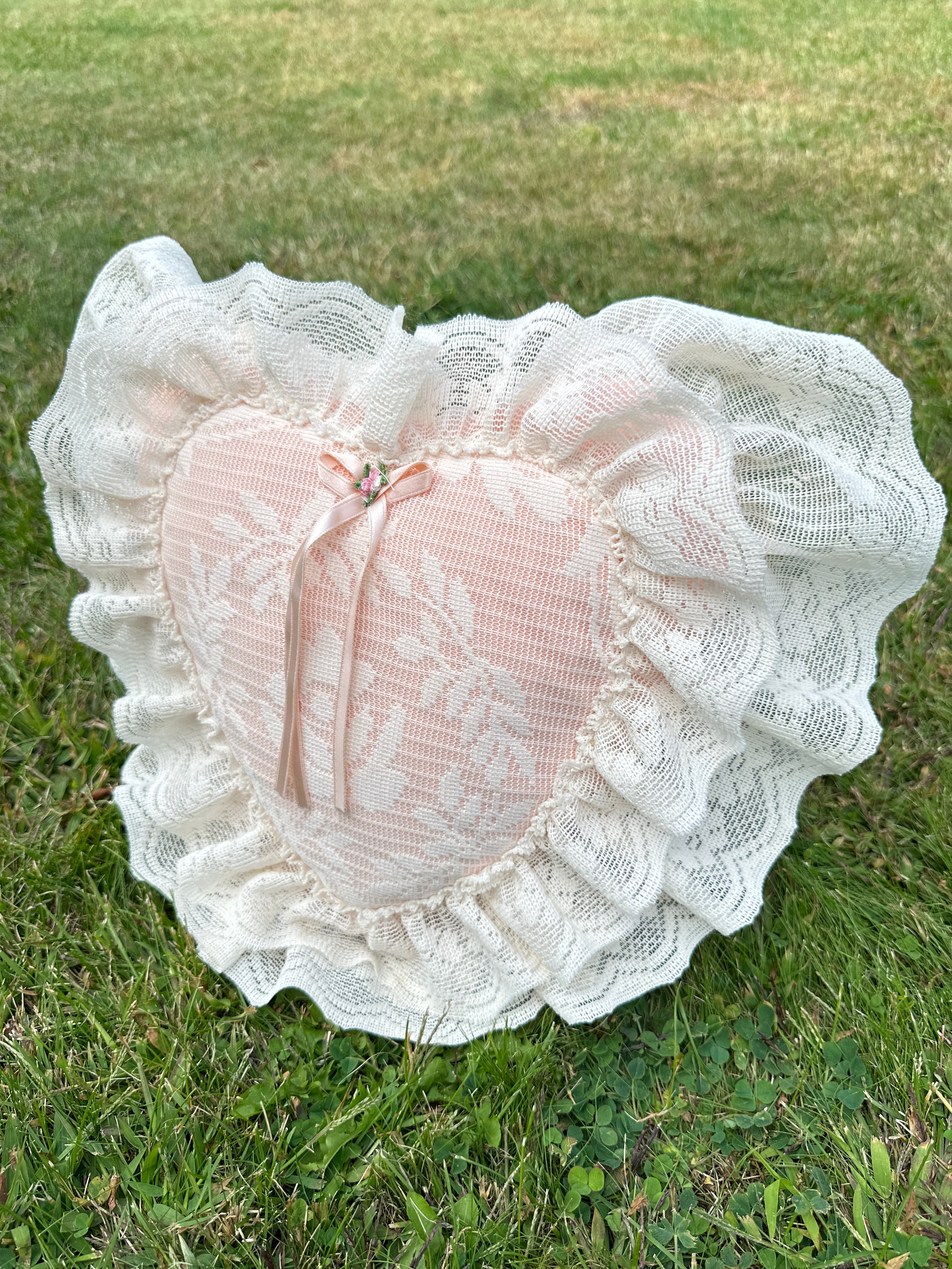Lace Decorative Pillow with Heart shaped Lace Ruffle & Pink Floral Bow — Shabby Chic / Cottagecore