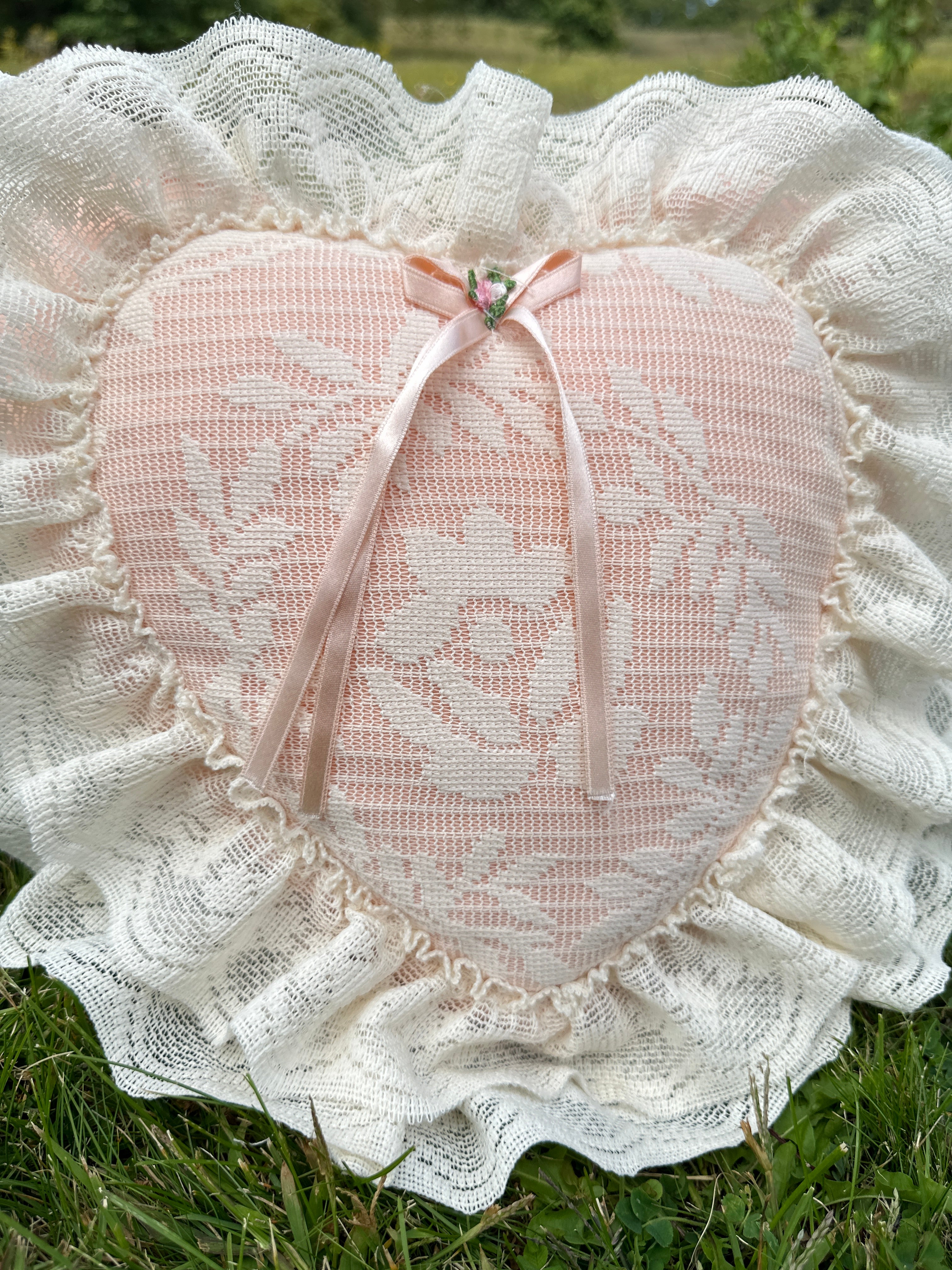 Lace Decorative Pillow with Heart shaped Lace Ruffle & Pink Floral Bow — Shabby Chic / Cottagecore