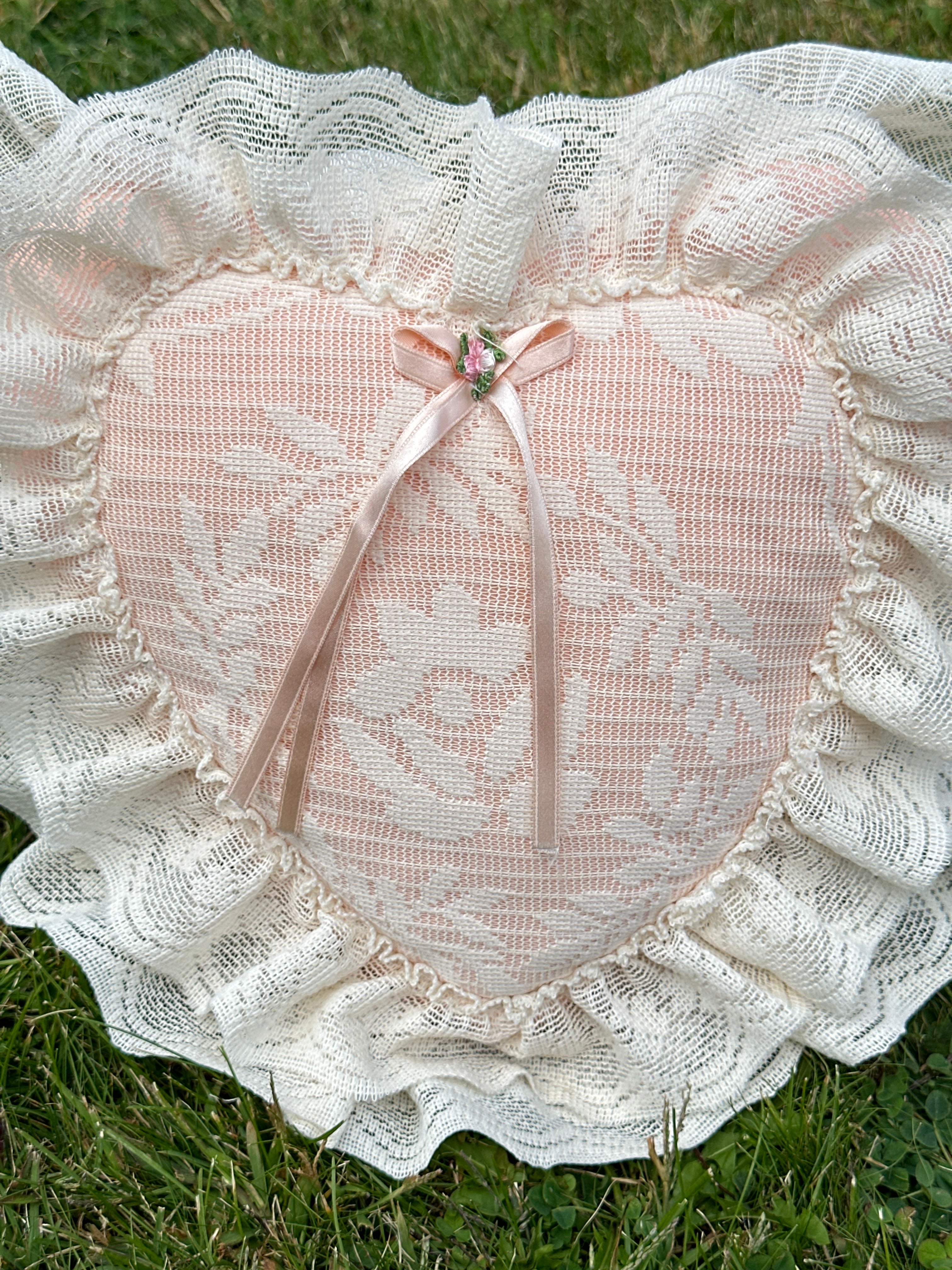 Lace Decorative Pillow with Heart shaped Lace Ruffle & Pink Floral Bow — Shabby Chic / Cottagecore