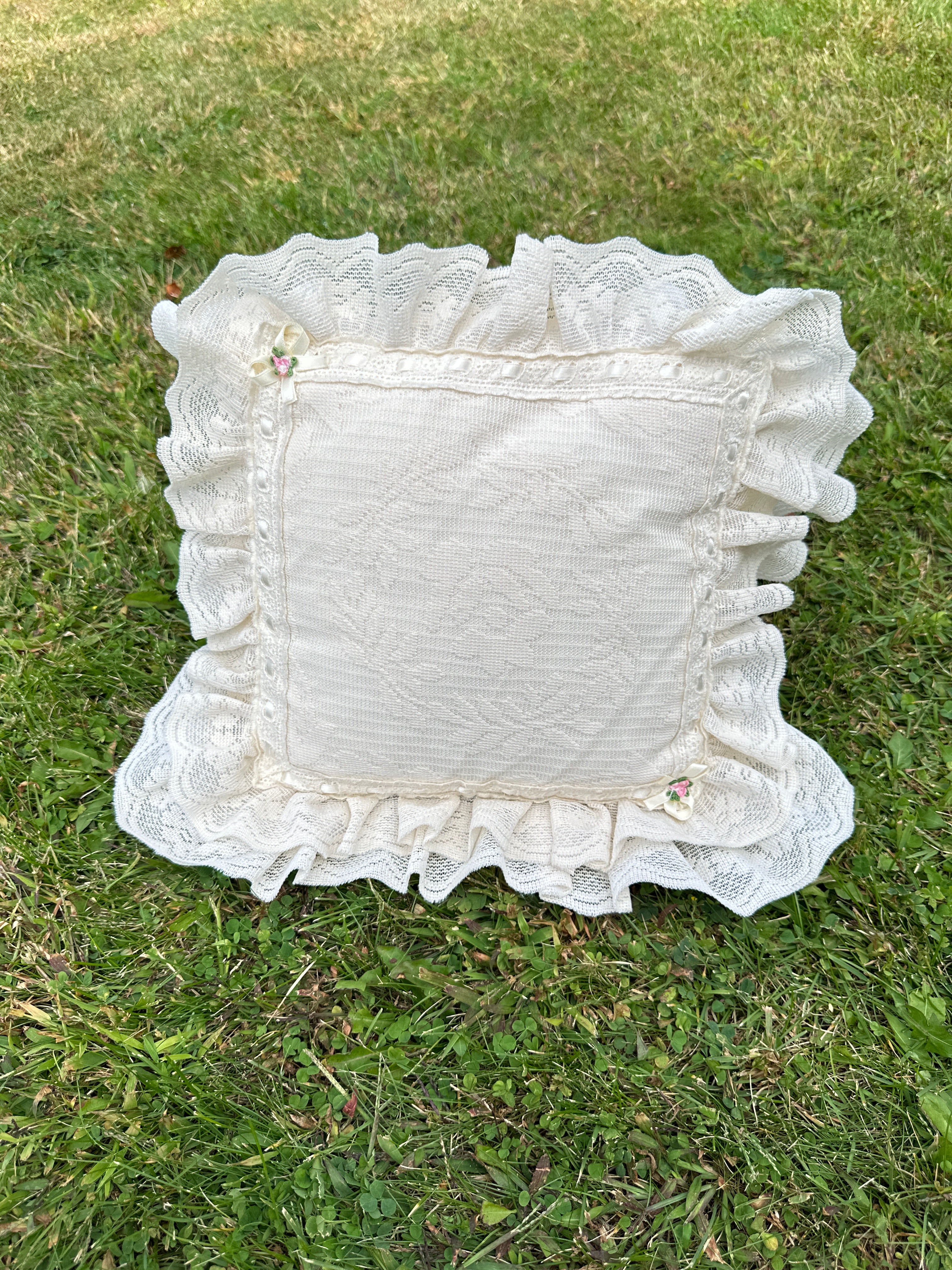 Lace Pillow with Square Vintage Rufled Edge and Satin Floral Accents — Shabby Chic / Cottagecore Décor