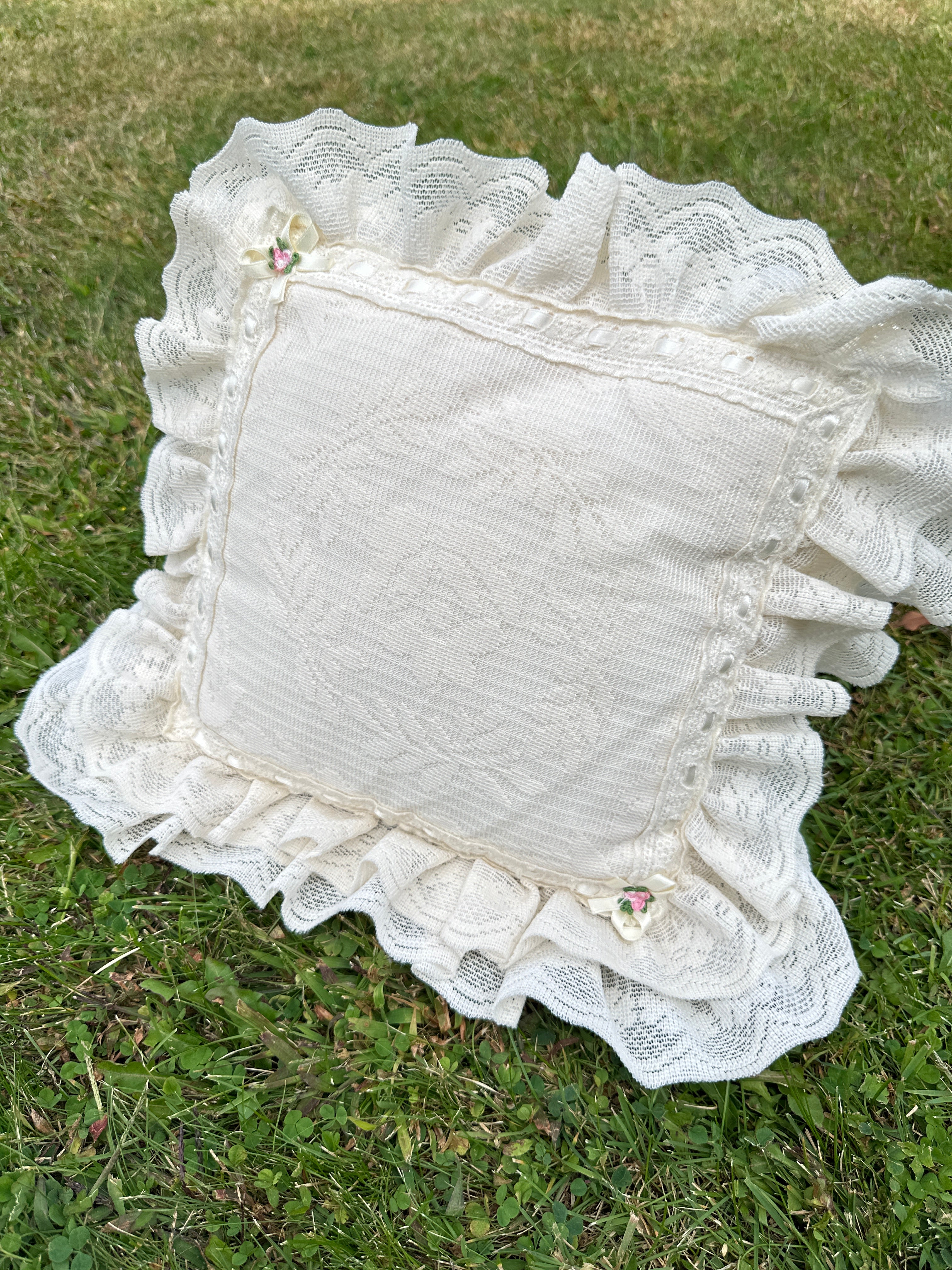 Lace Pillow with Square Vintage Rufled Edge and Satin Floral Accents — Shabby Chic / Cottagecore Décor
