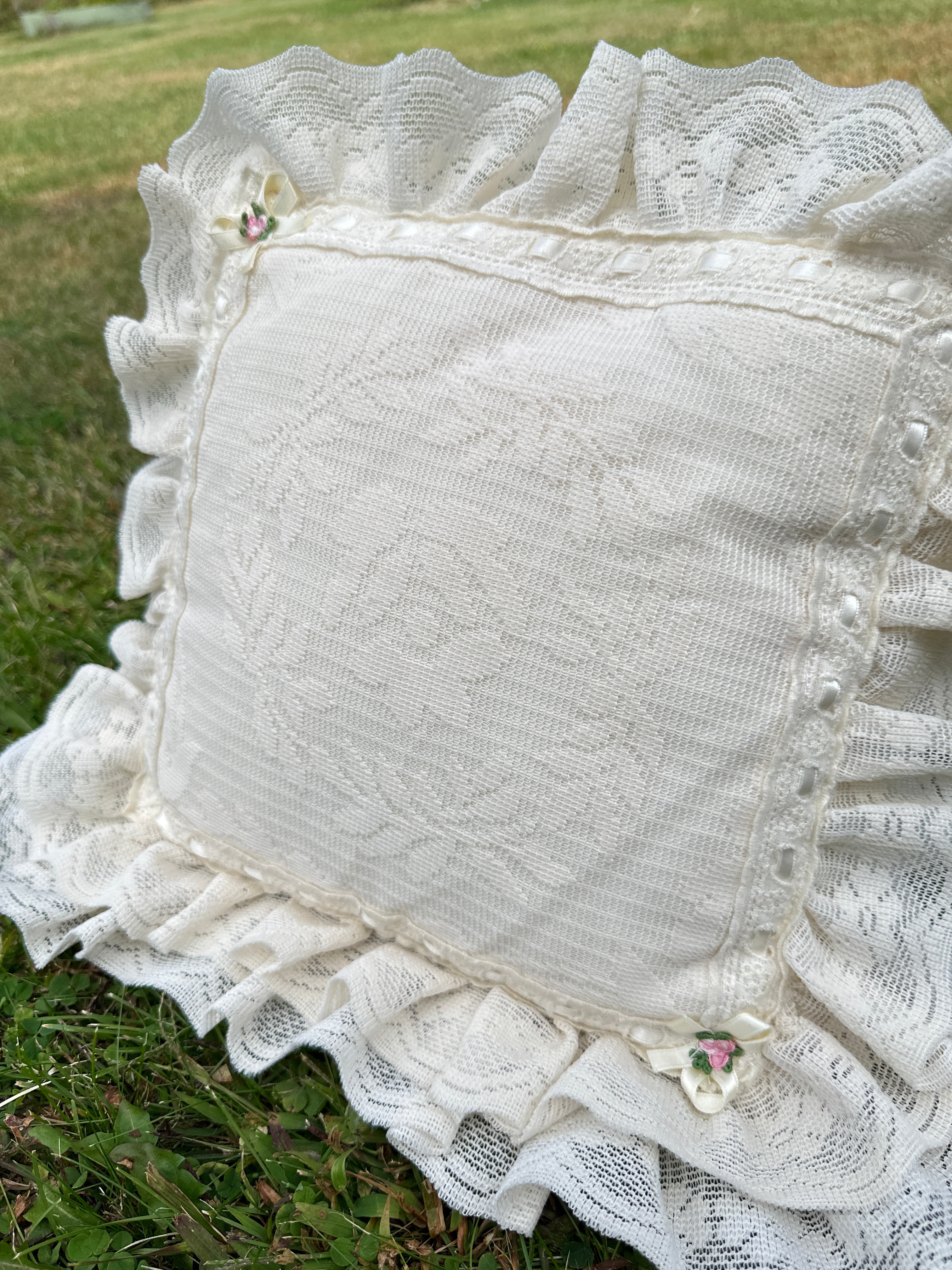Lace Pillow with Square Vintage Rufled Edge and Satin Floral Accents — Shabby Chic / Cottagecore Décor