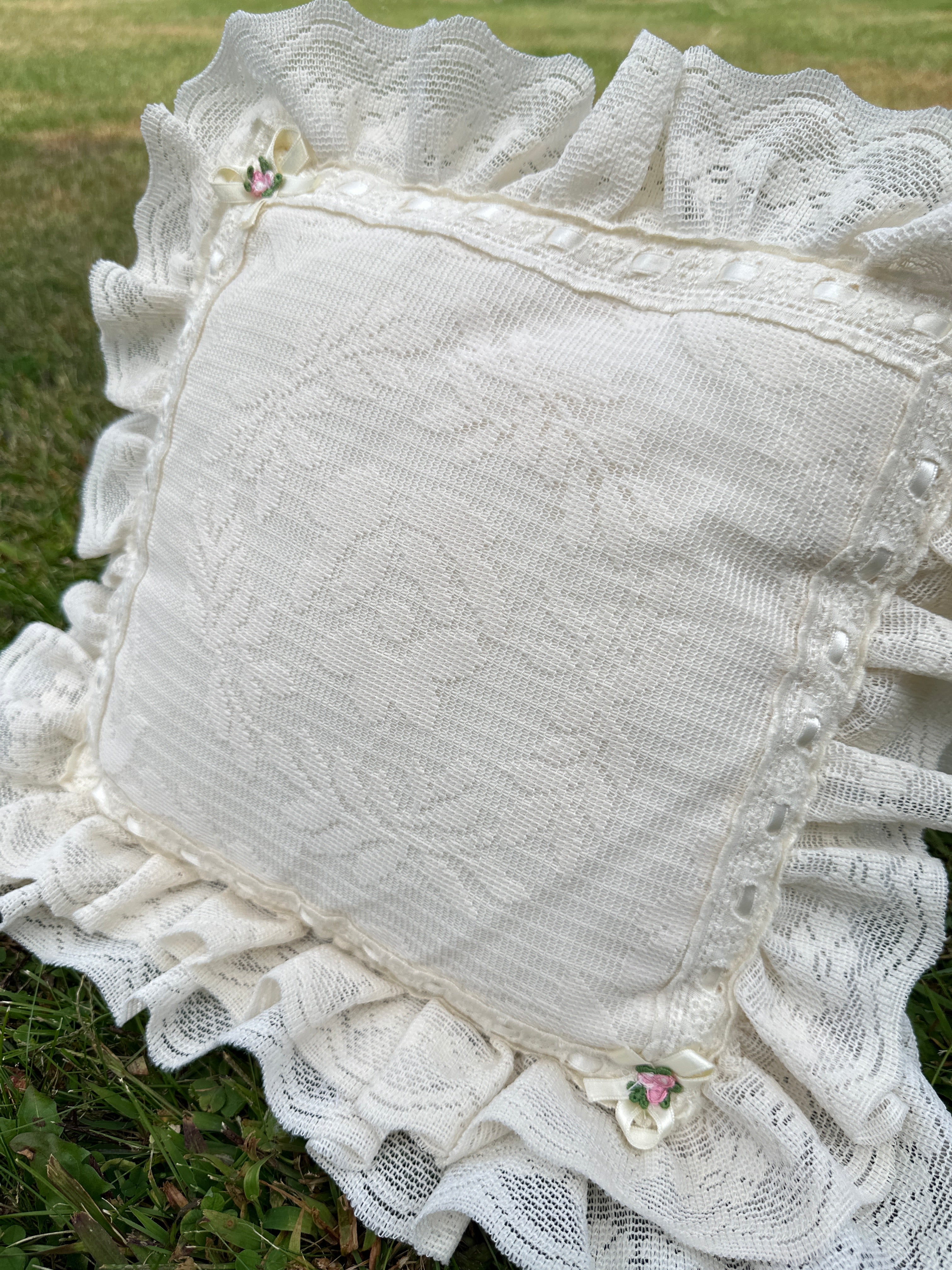 Lace Pillow with Square Vintage Rufled Edge and Satin Floral Accents — Shabby Chic / Cottagecore Décor