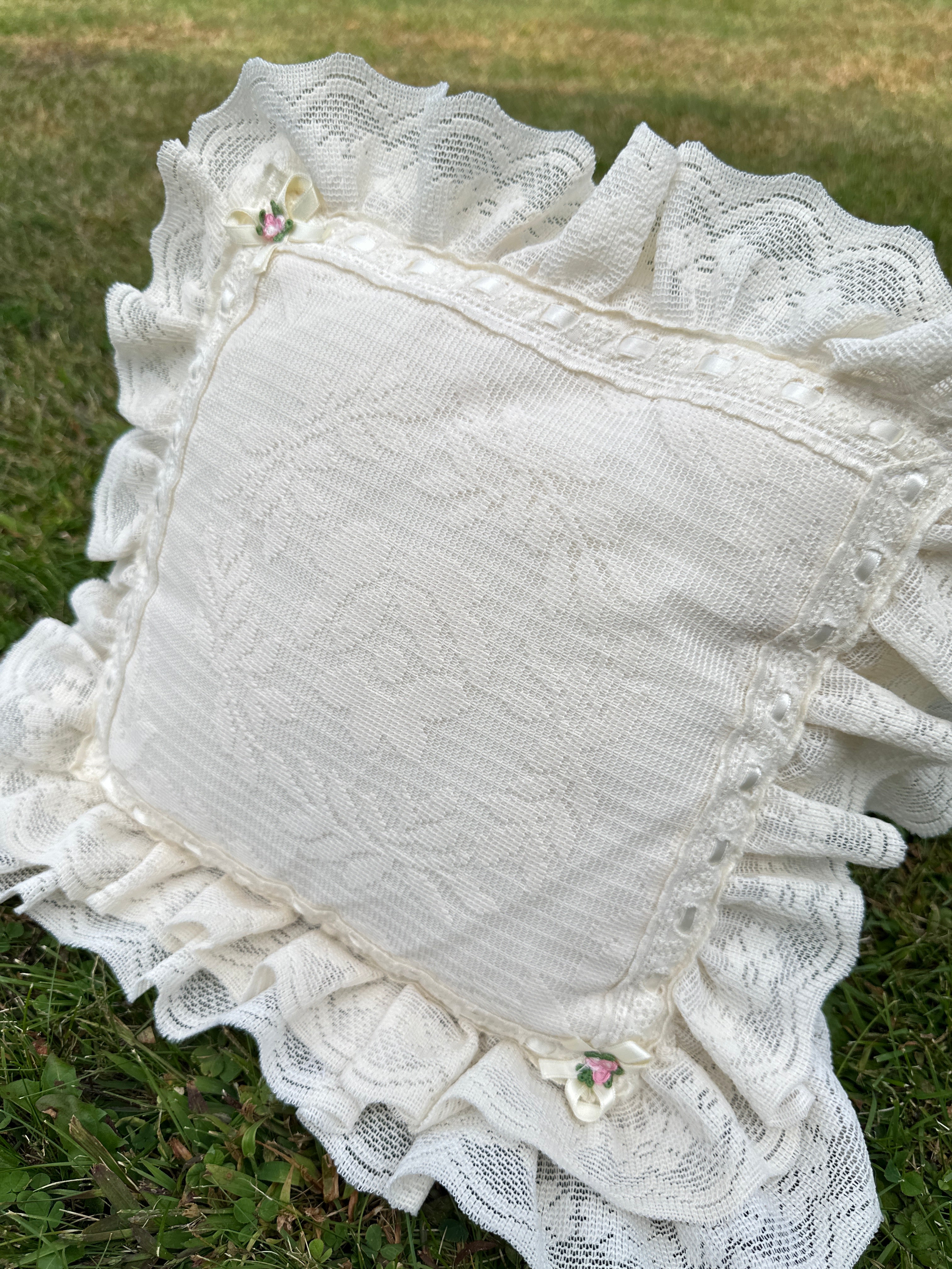 Lace Pillow with Square Vintage Rufled Edge and Satin Floral Accents — Shabby Chic / Cottagecore Décor