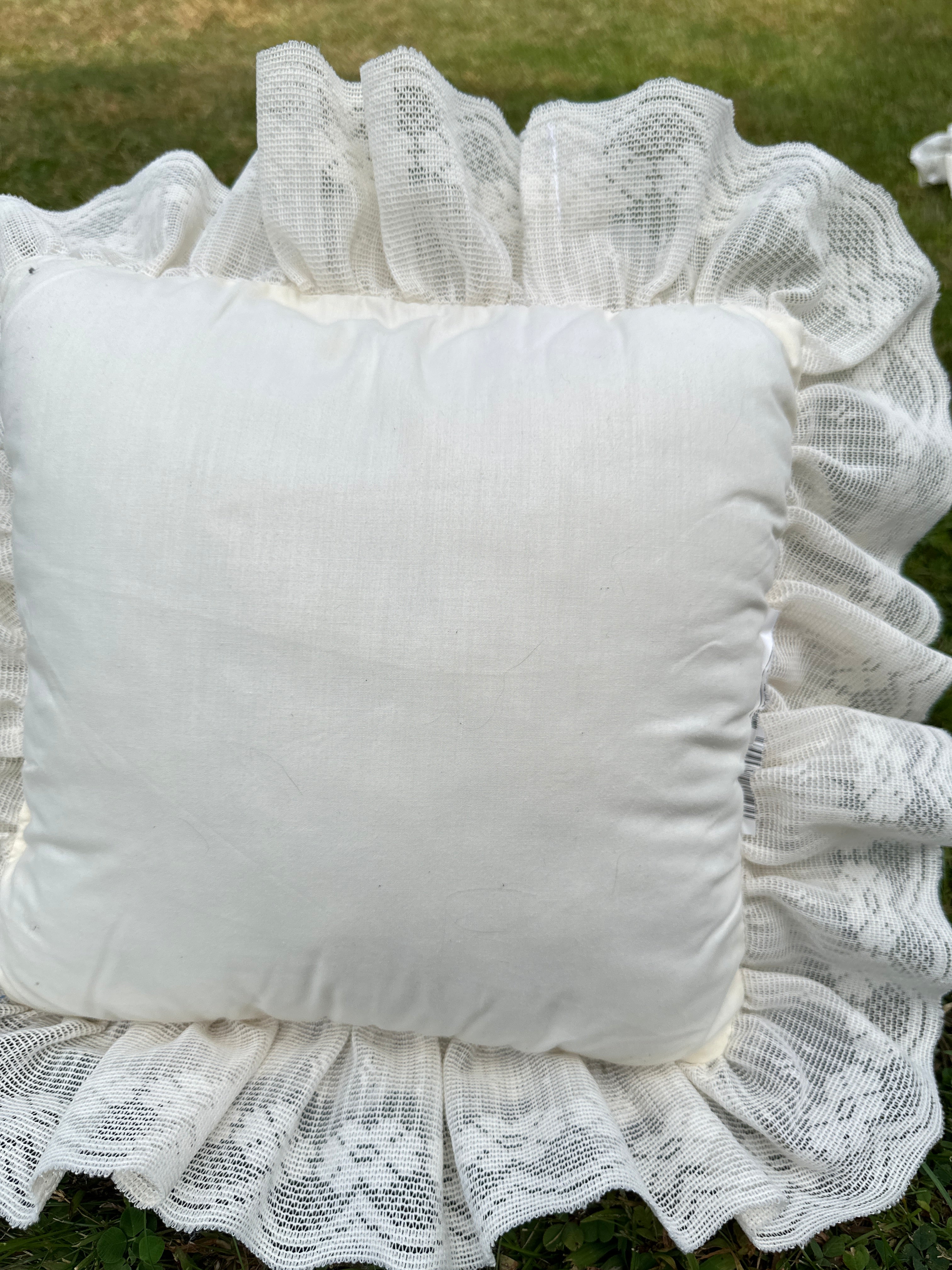Lace Pillow with Square Vintage Rufled Edge and Satin Floral Accents — Shabby Chic / Cottagecore Décor
