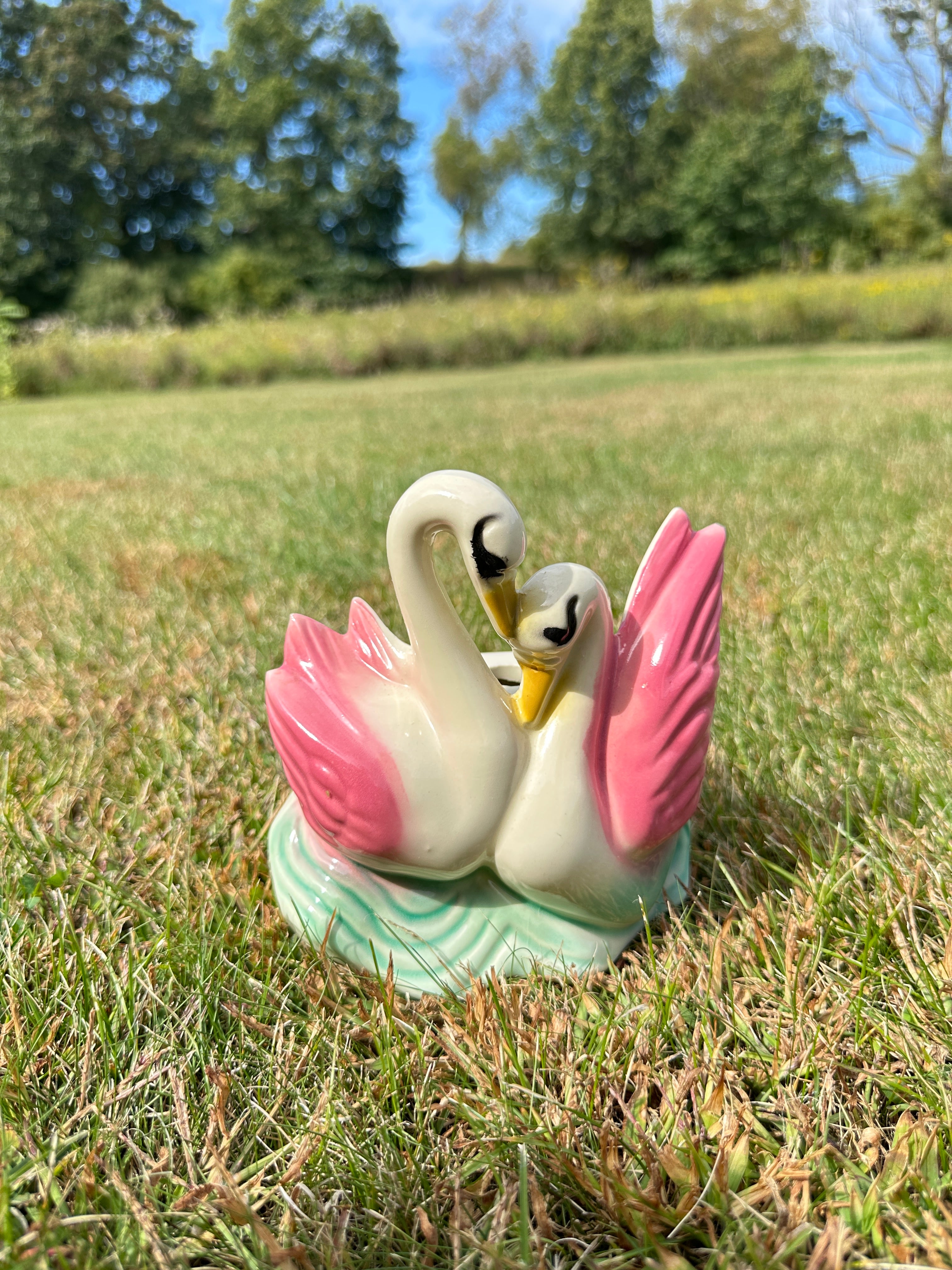 Vintage Pink Wing Ceramic Swan Figurine Pottery Vase