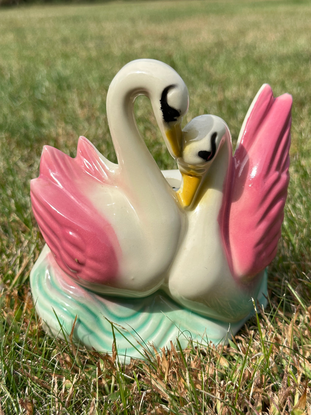 Vintage Pink Wing Ceramic Swan Figurine Pottery Vase