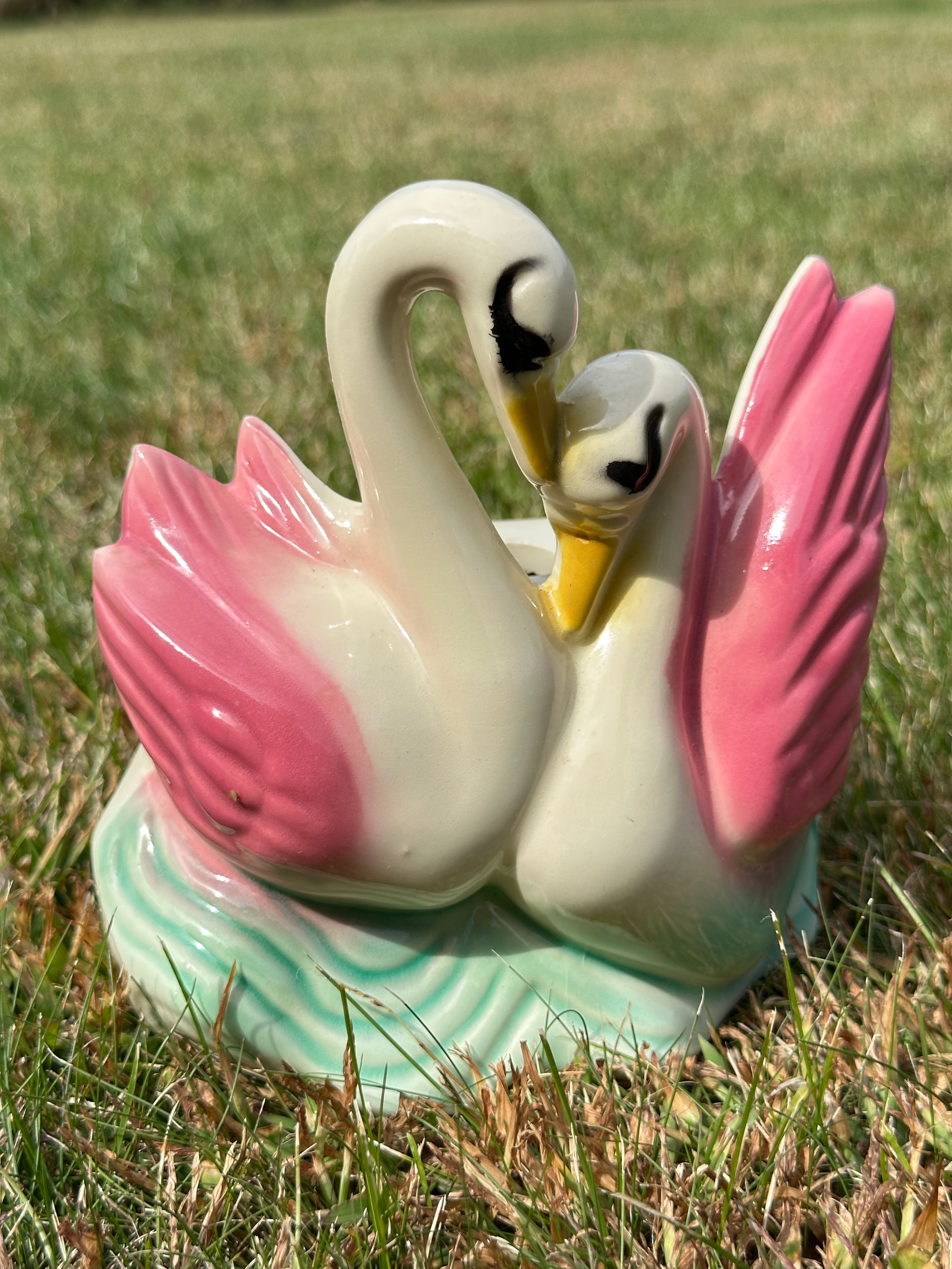 Vintage Pink Wing Ceramic Swan Figurine Pottery Vase