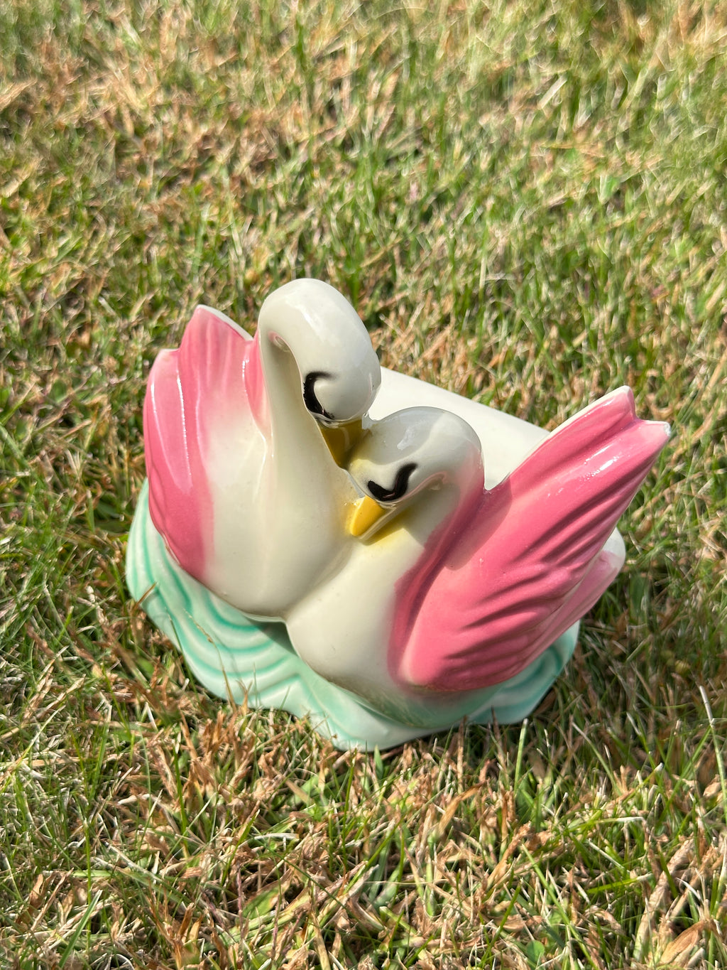 Vintage Pink Wing Ceramic Swan Figurine Pottery Vase