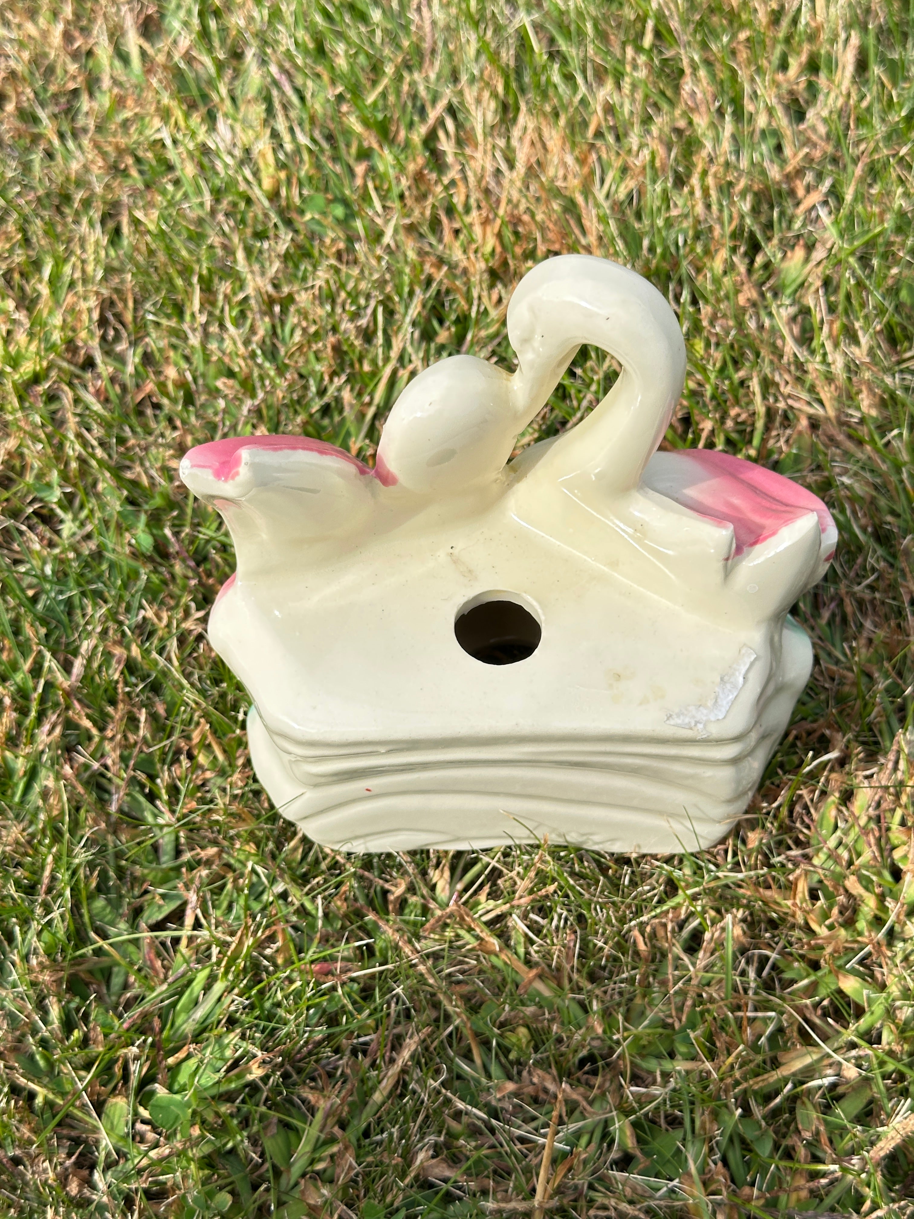 Vintage Pink Wing Ceramic Swan Figurine Pottery Vase