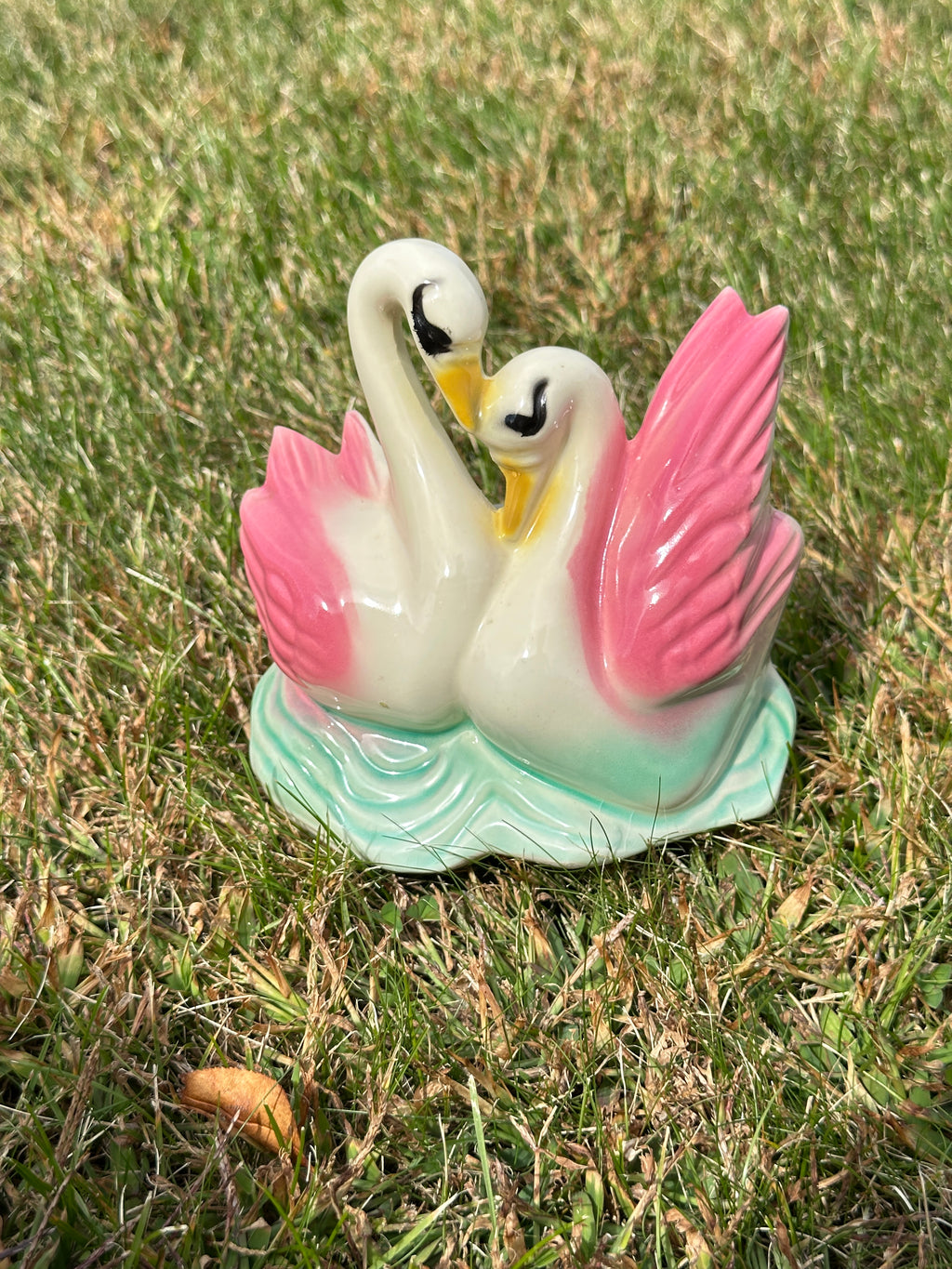 Vintage Pink Wing Ceramic Swan Figurine Pottery Vase