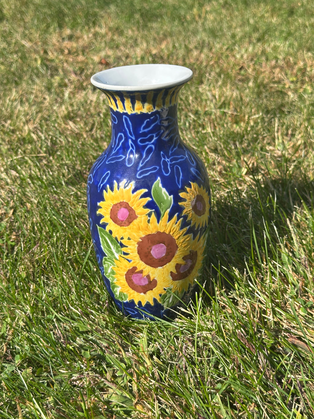 Hand-Painted Sunflower Ceramic Vase on Deep Blue Ground — Floral Country / Farmhouse Accent