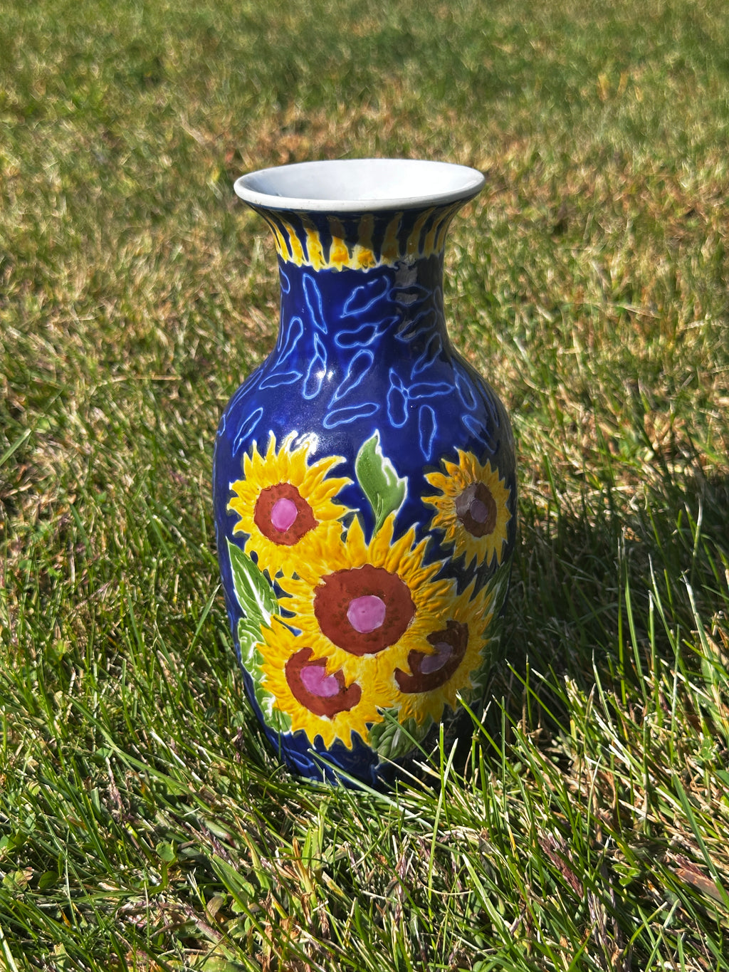 Hand-Painted Sunflower Ceramic Vase on Deep Blue Ground — Floral Country / Farmhouse Accent