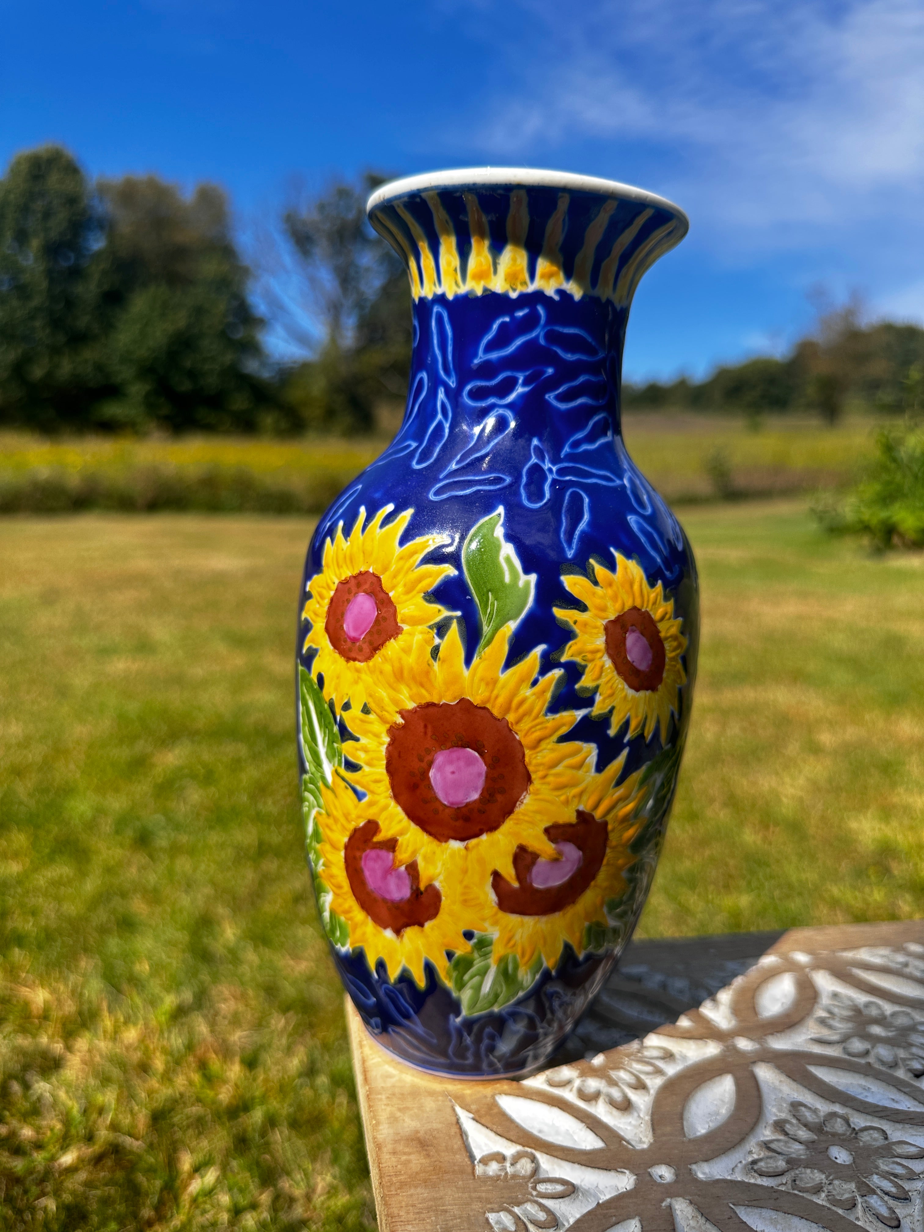 Hand-Painted Sunflower Ceramic Vase on Deep Blue Ground — Floral Country / Farmhouse Accent