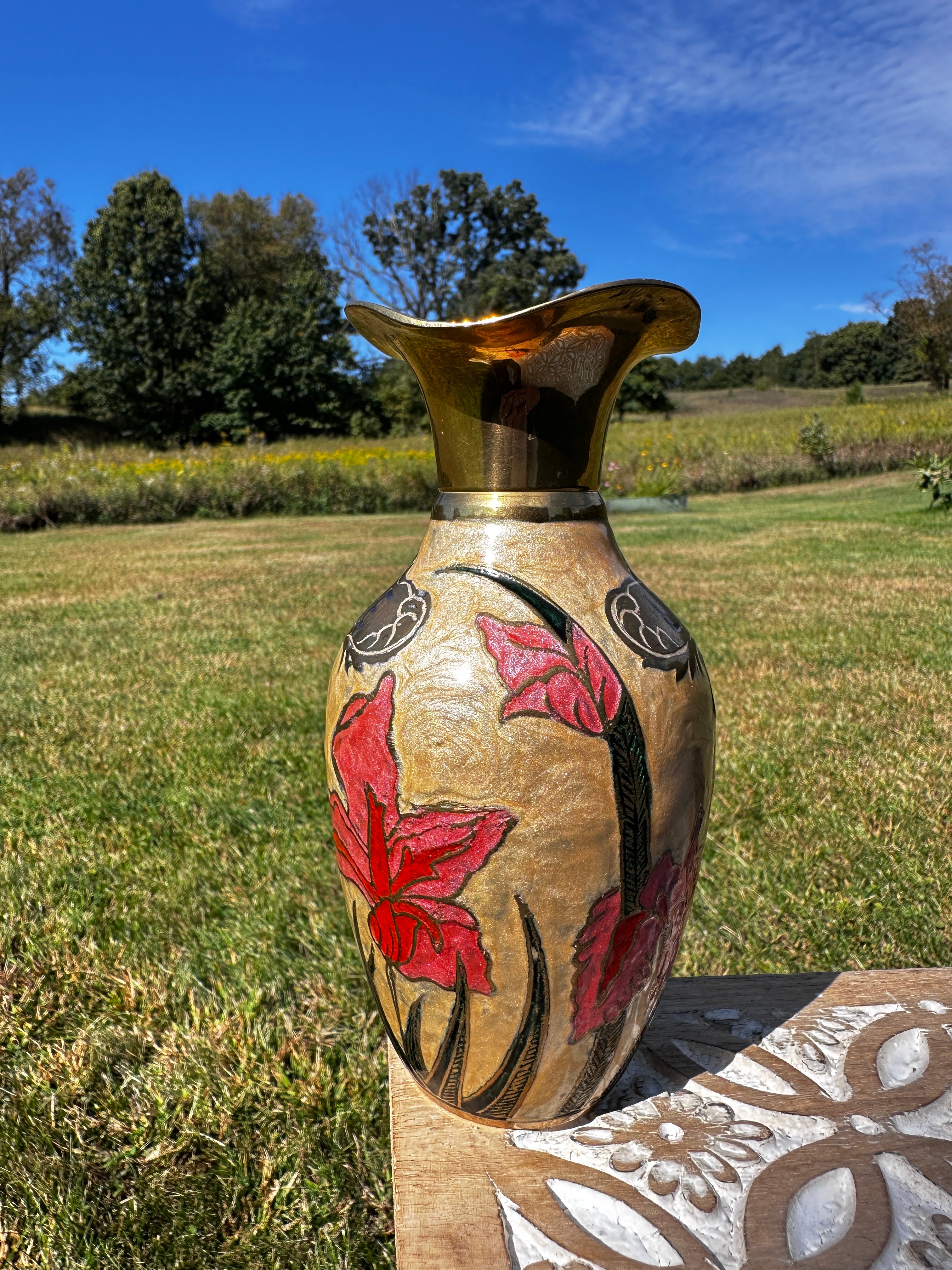 Hand-Painted UAE Brass Vase with Red Floral Design – Vintage Middle Eastern Souvenir