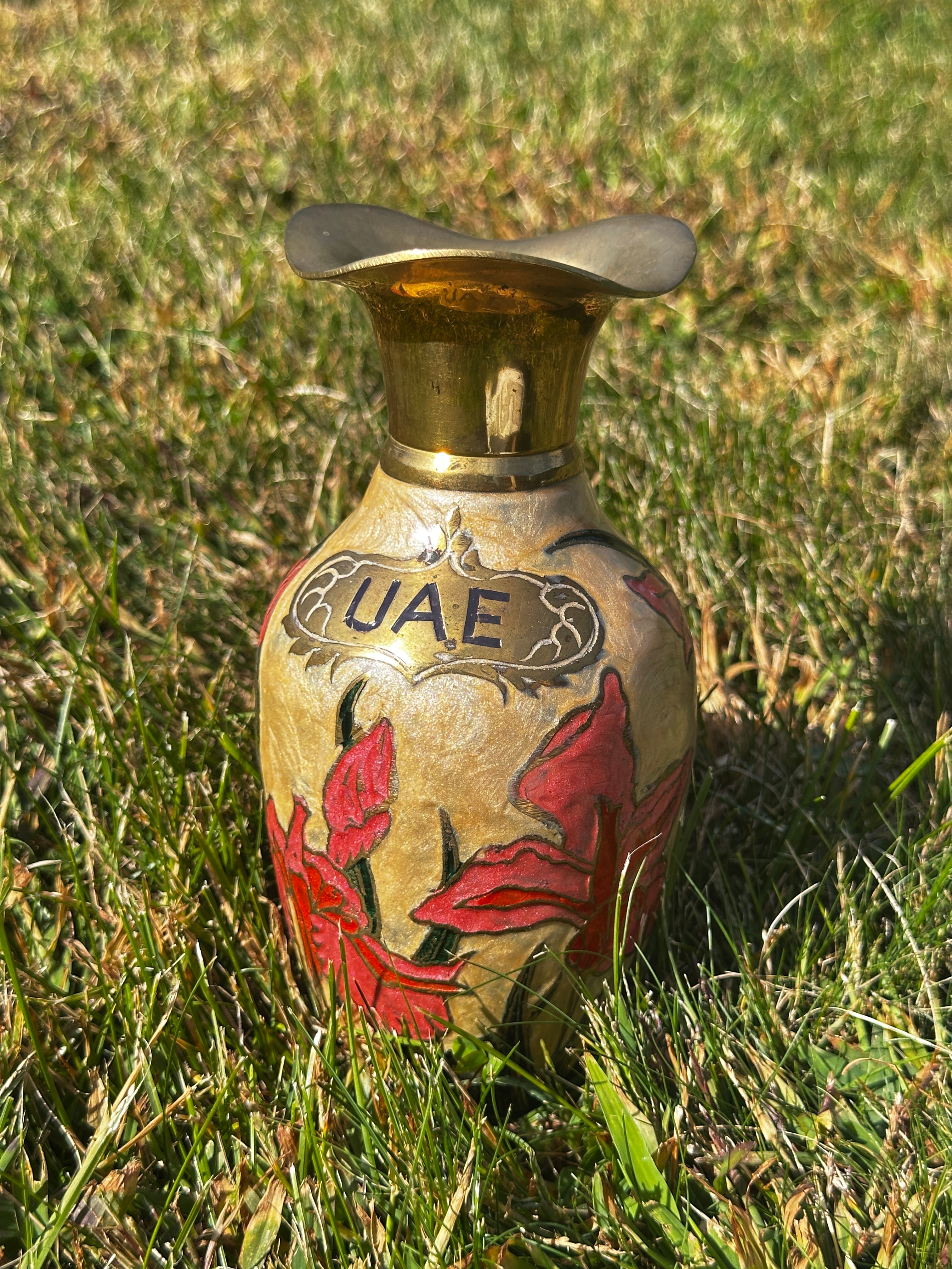 Hand-Painted UAE Brass Vase with Red Floral Design – Vintage Middle Eastern Souvenir