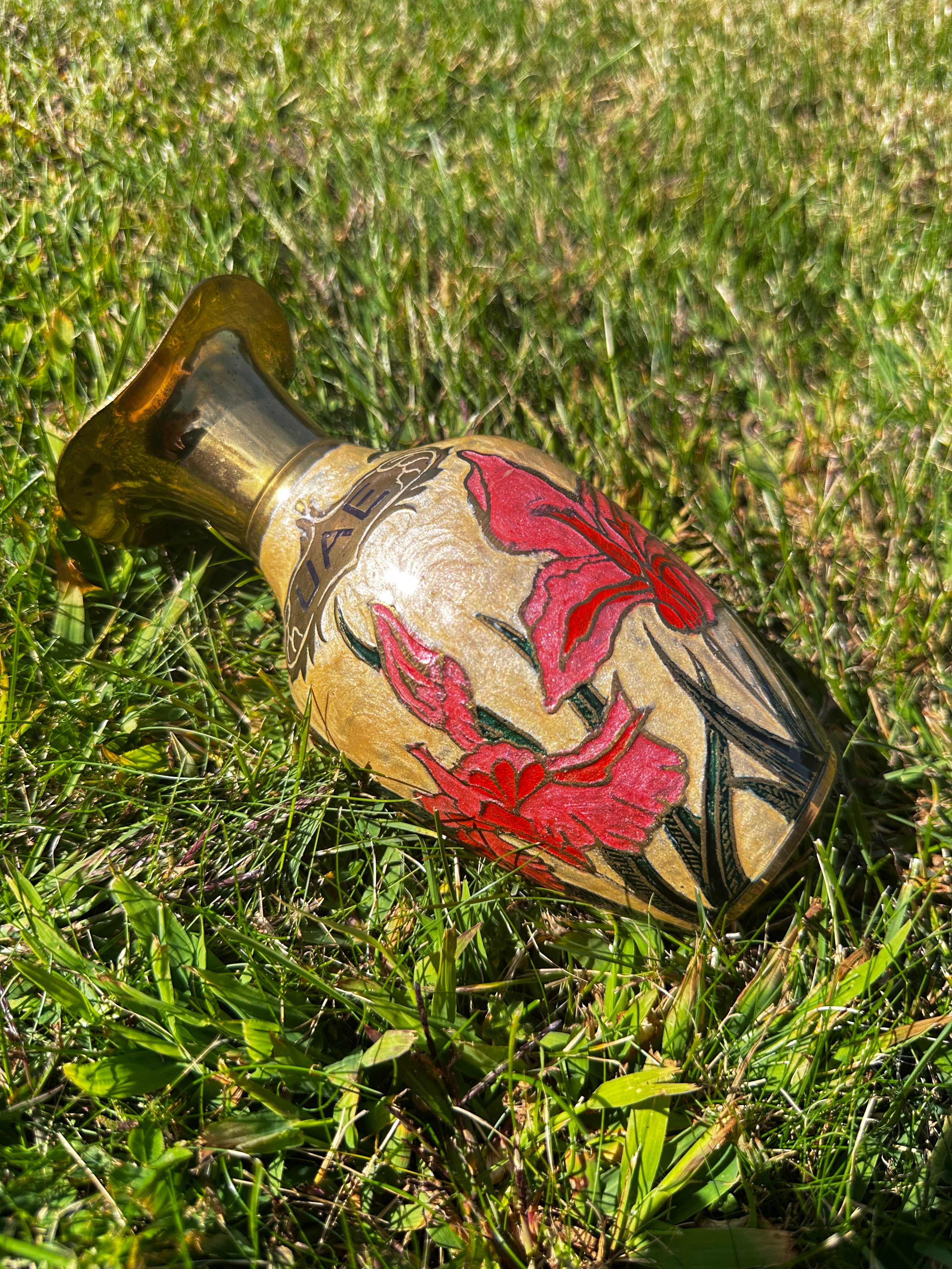 Hand-Painted UAE Brass Vase with Red Floral Design – Vintage Middle Eastern Souvenir