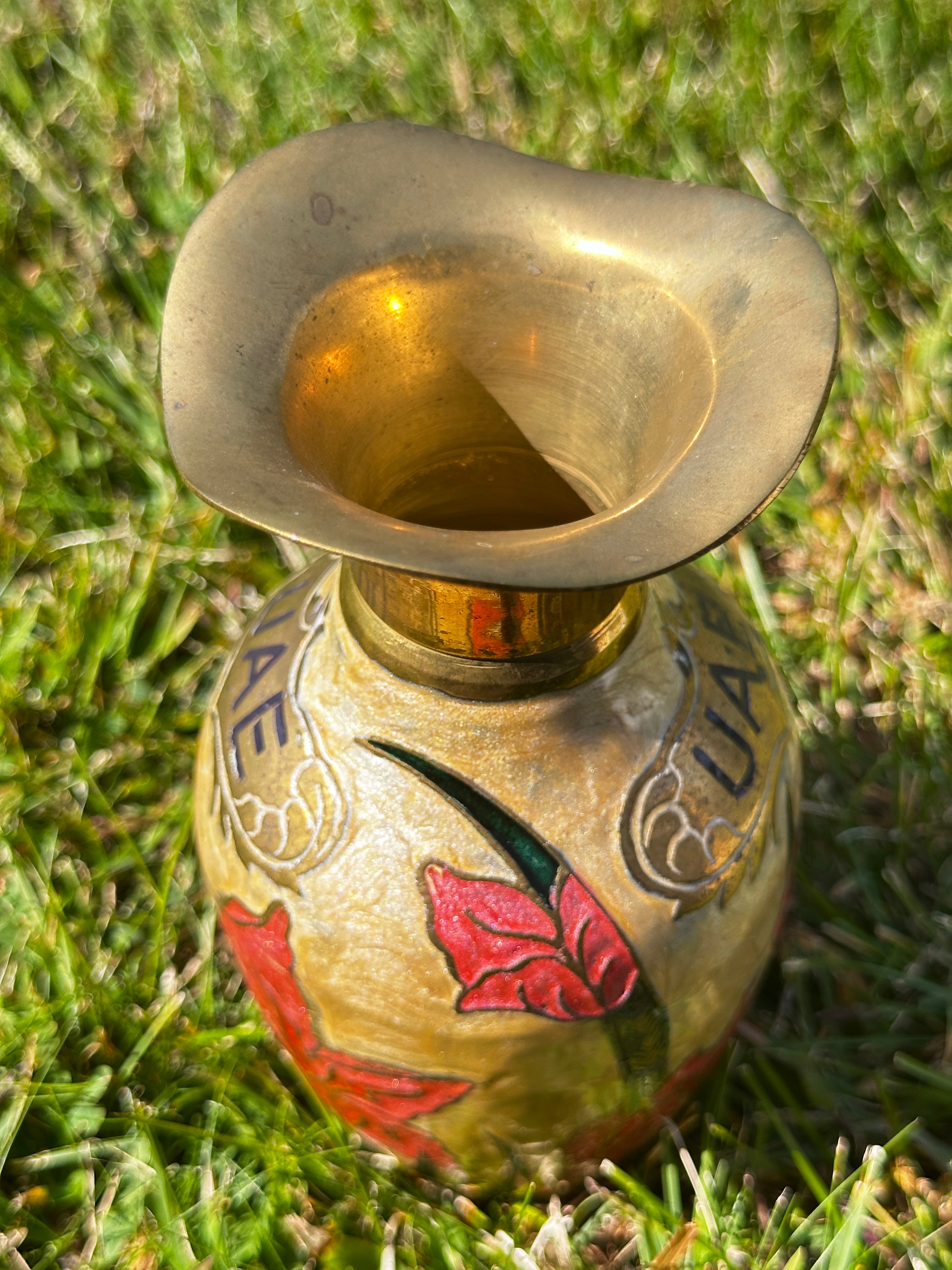 Hand-Painted UAE Brass Vase with Red Floral Design – Vintage Middle Eastern Souvenir